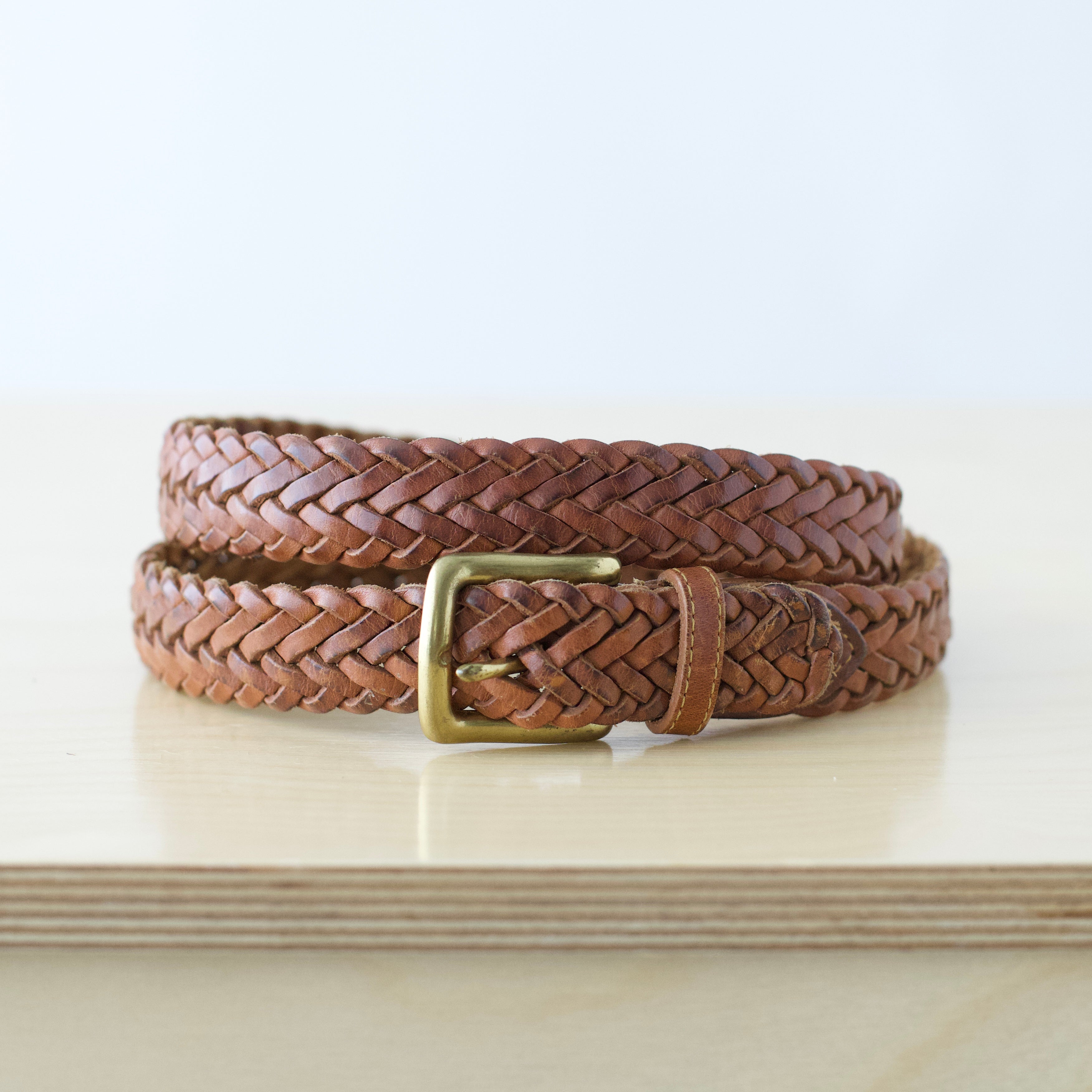 S-XL Vintage hand braided brown leather belt with brass hardware
