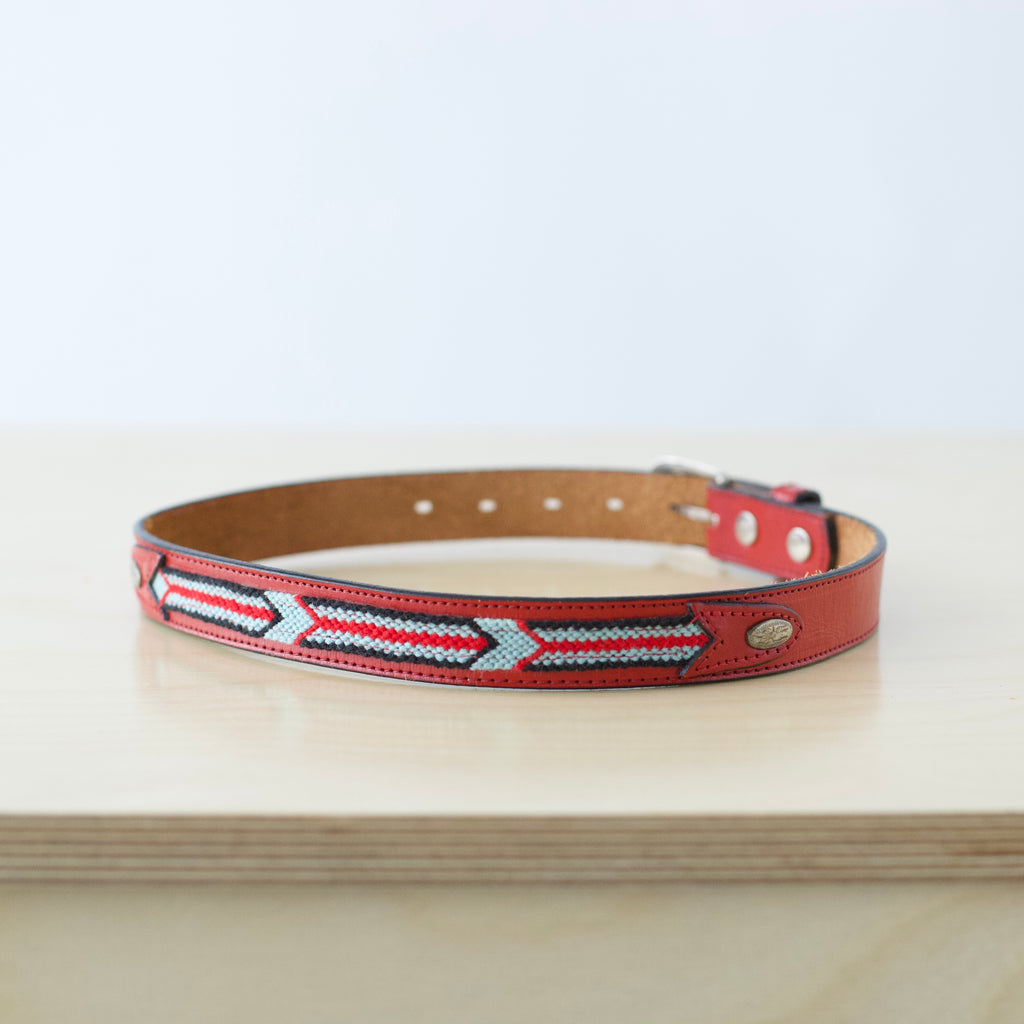 Kids XS/S red leather western belt with woven detail and silver hardware