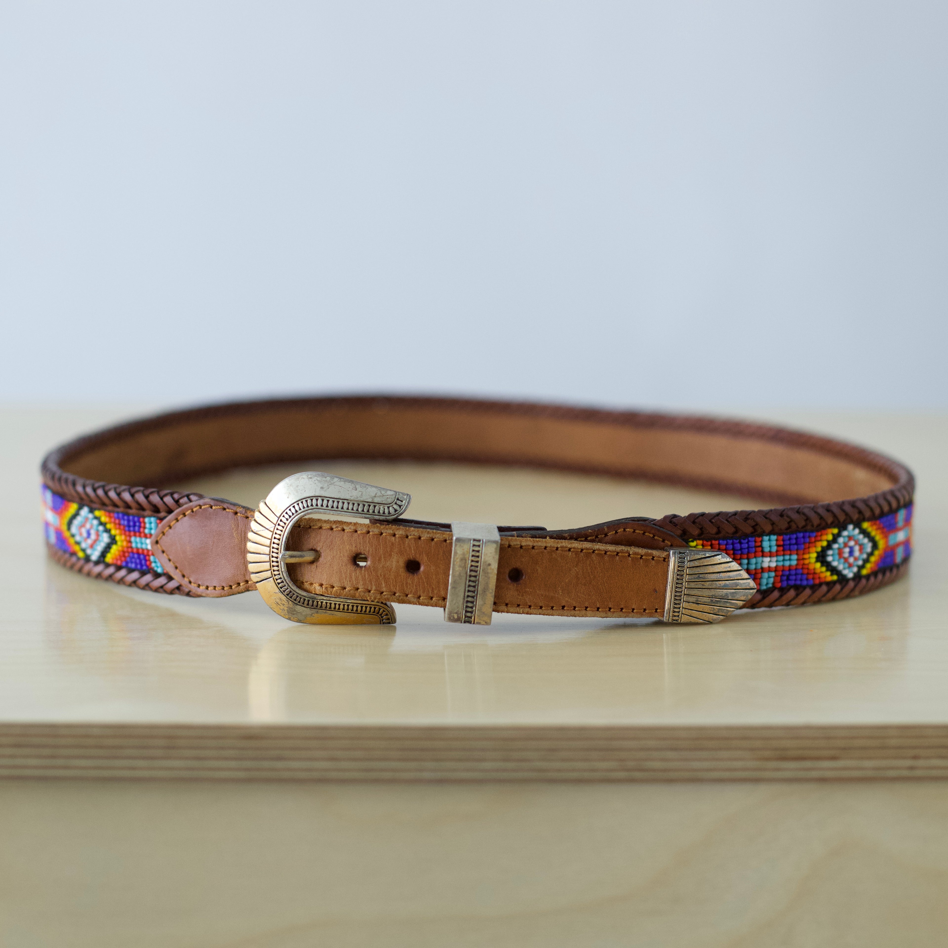 L/XL Vintage LL Bean Beaded Leather Belt Silver-tone buckle