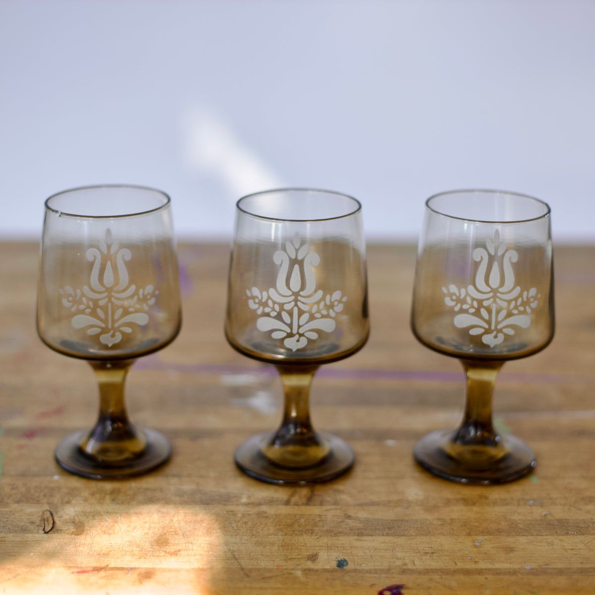 Three Vintage Smoky Brown Tinted Goblets