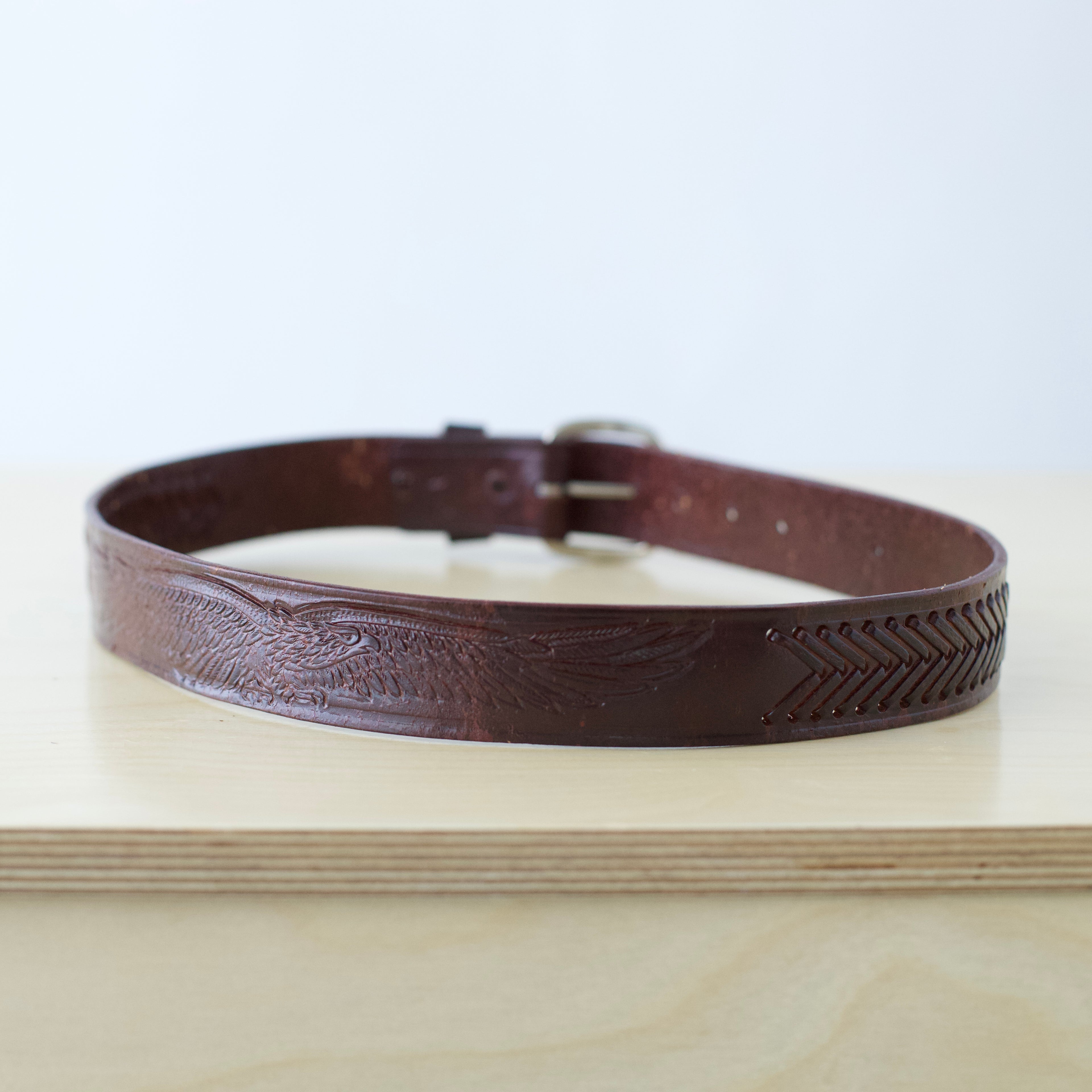 M/L Vintage handmade brown leather belt with tooled eagle design and silver buckle