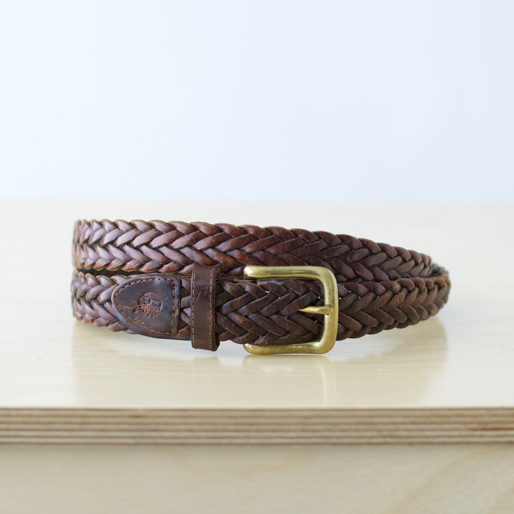 M-XXL Vintage Timberland brown genuine leather braided belt with brass hardware