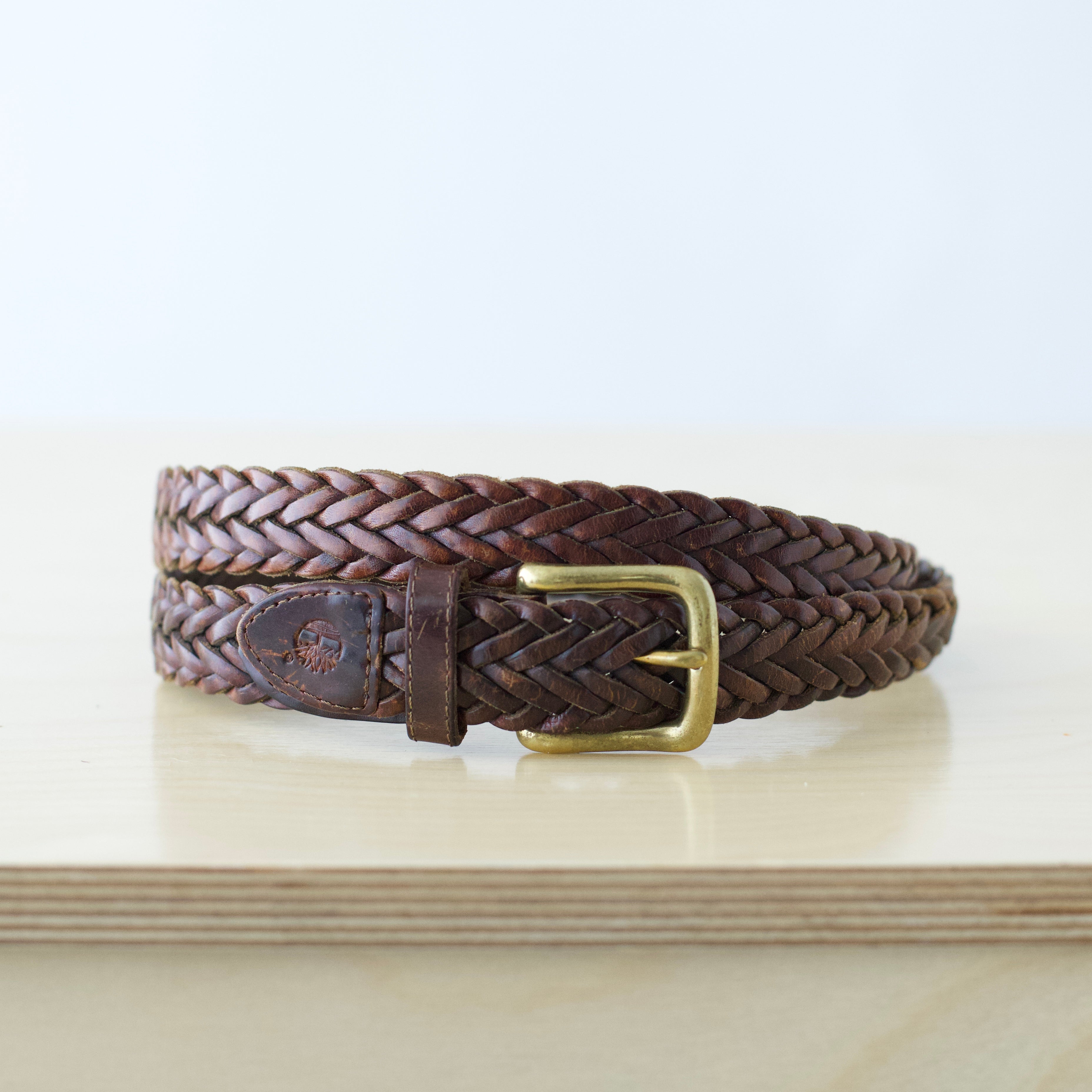 M-XXL Vintage Timberland brown genuine leather braided belt with brass hardware
