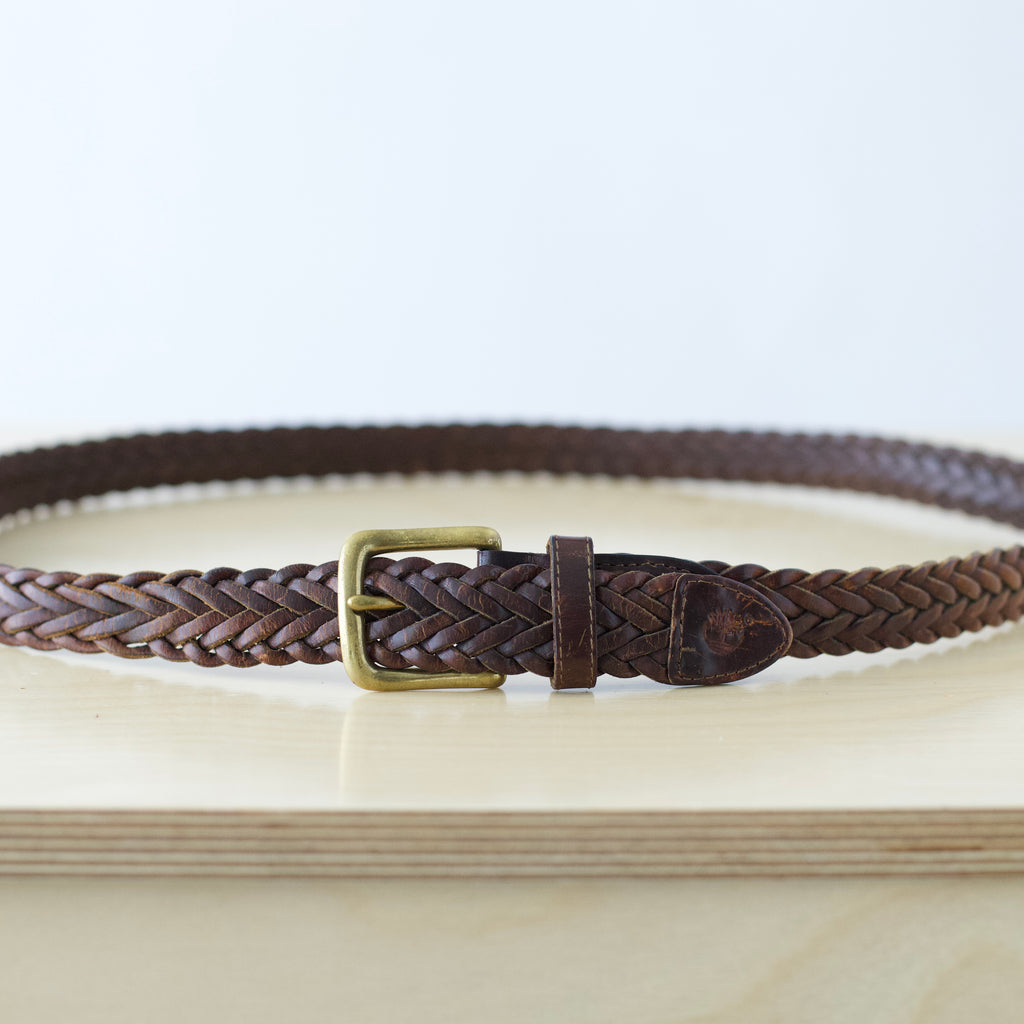 M-XXL Vintage Timberland brown genuine leather braided belt with brass hardware