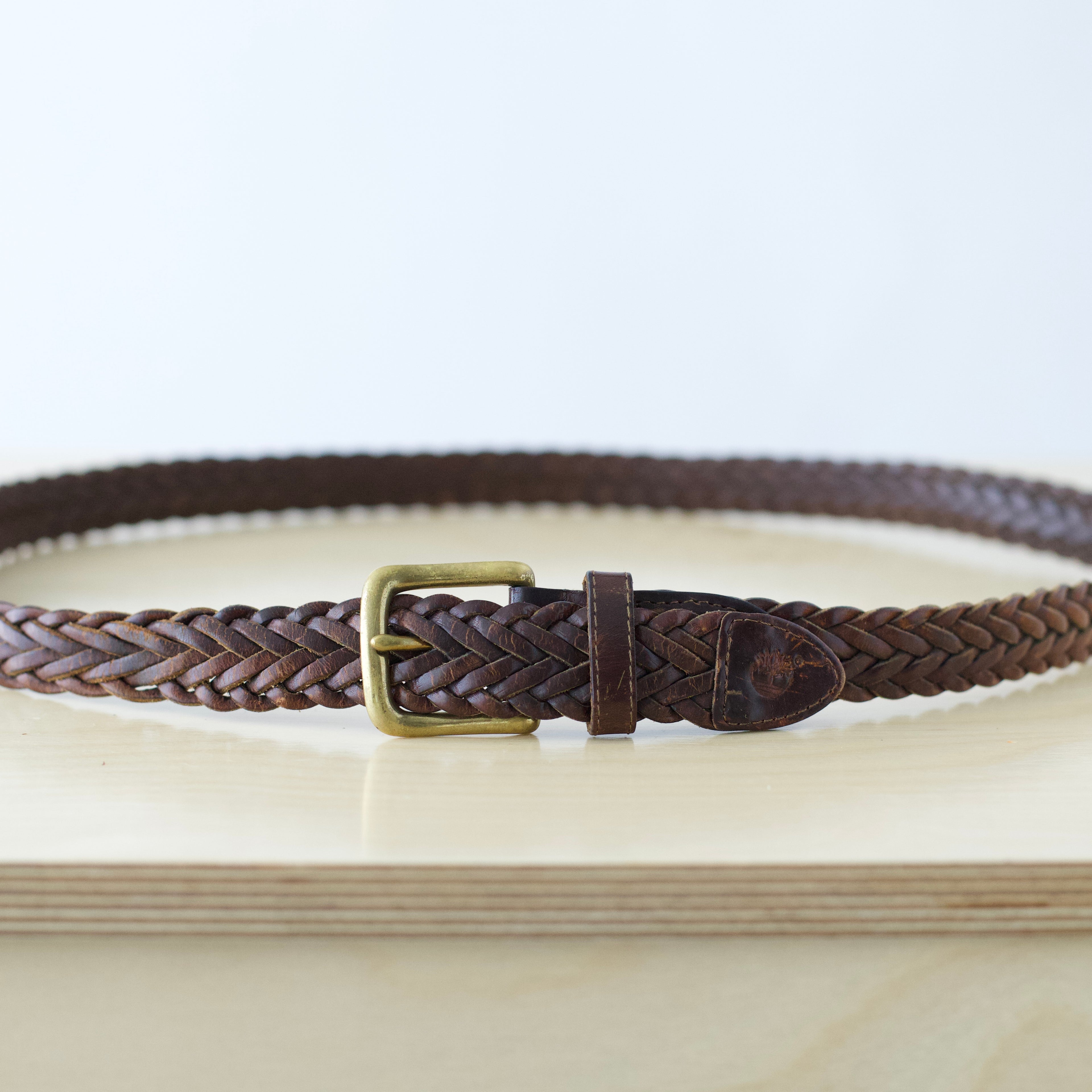 M-XXL Vintage Timberland brown genuine leather braided belt with brass hardware