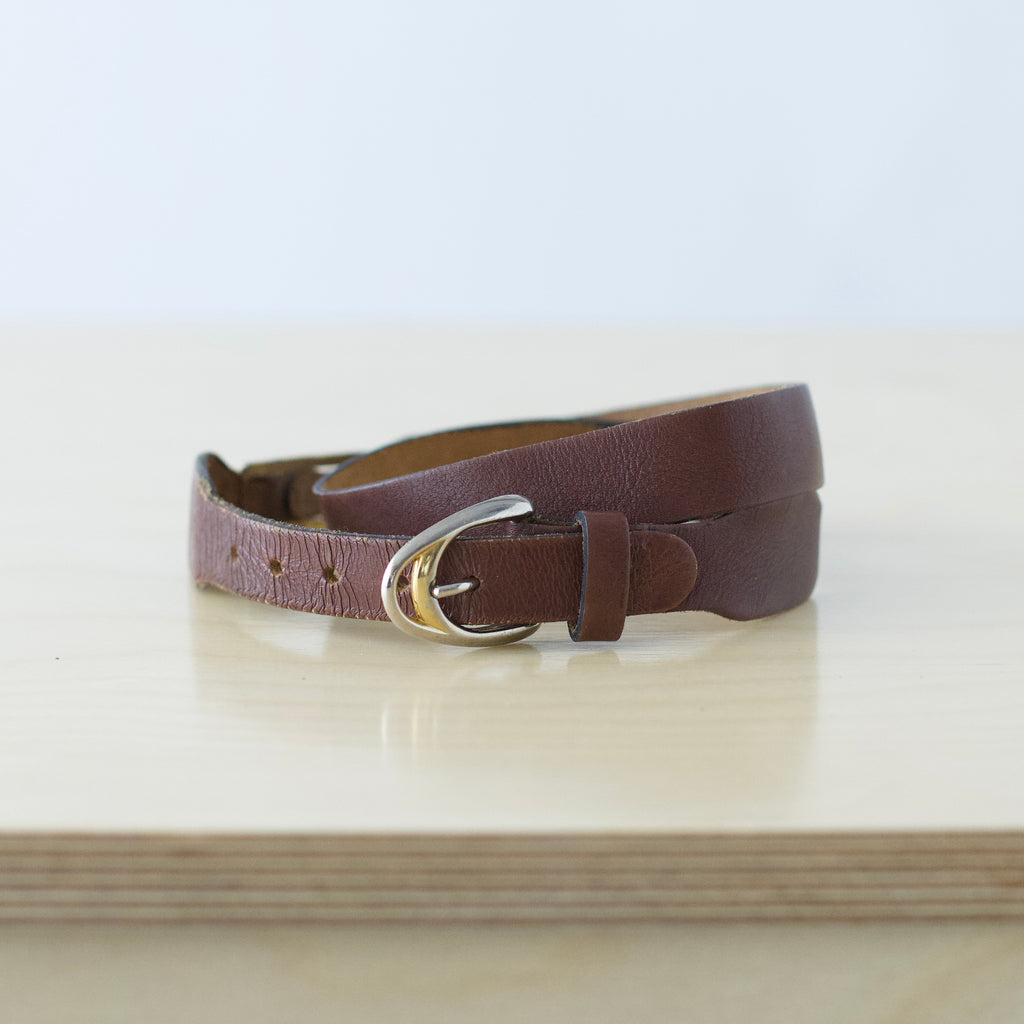 XS/S brown genuine leather belt with brass detailing