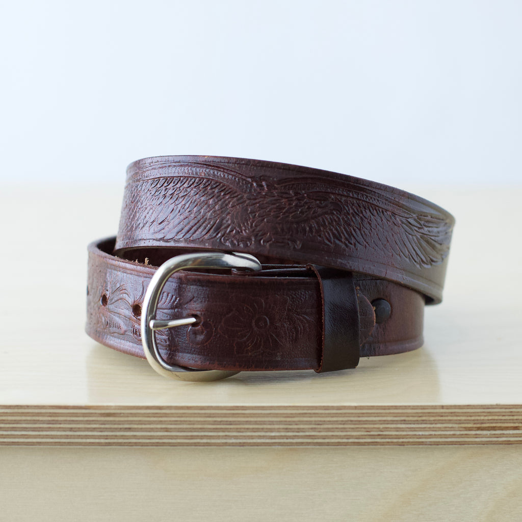 M/L Vintage handmade brown leather belt with tooled eagle design and silver buckle