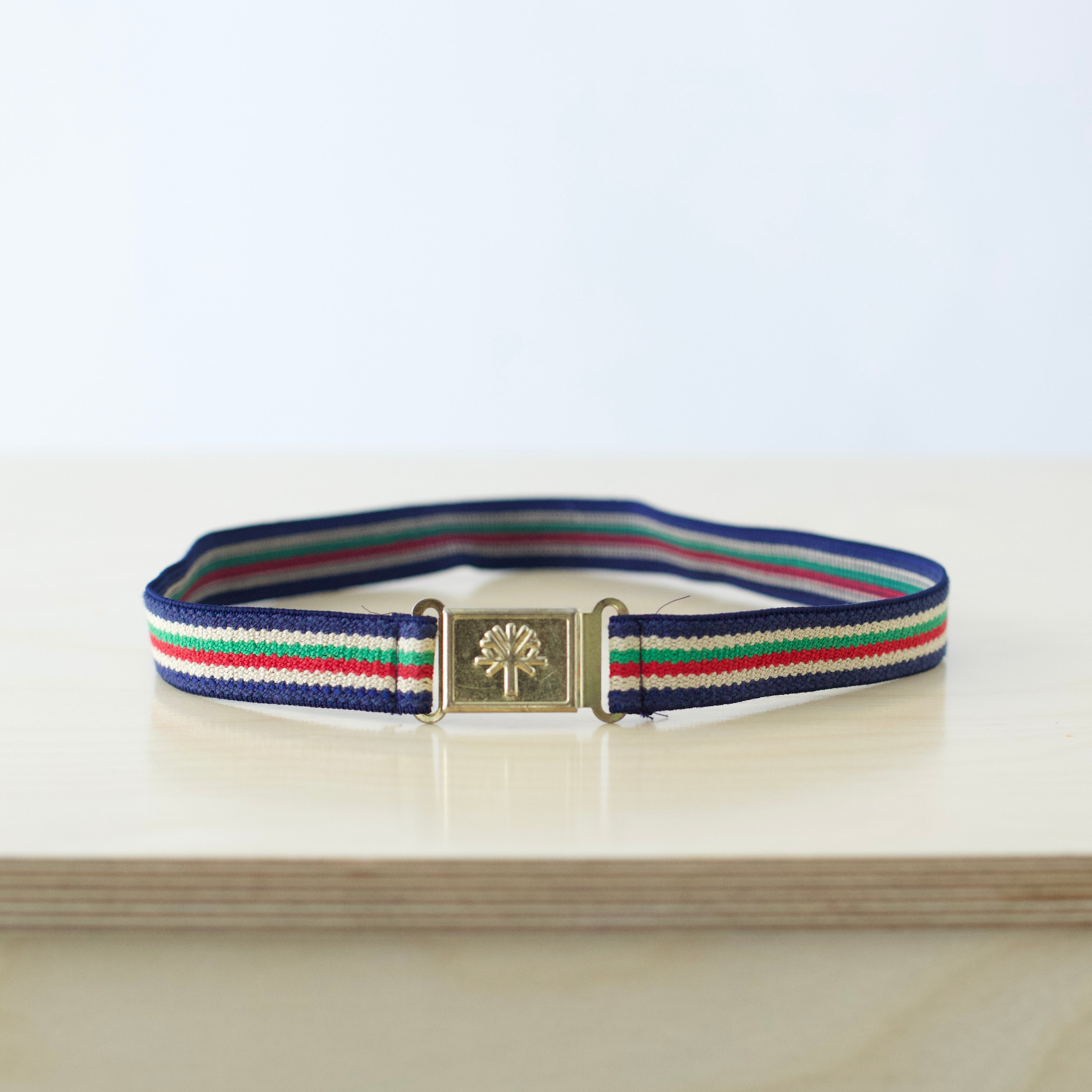 Kids S/M Vintage elastic ribbon belt with tree emblem brass buckle