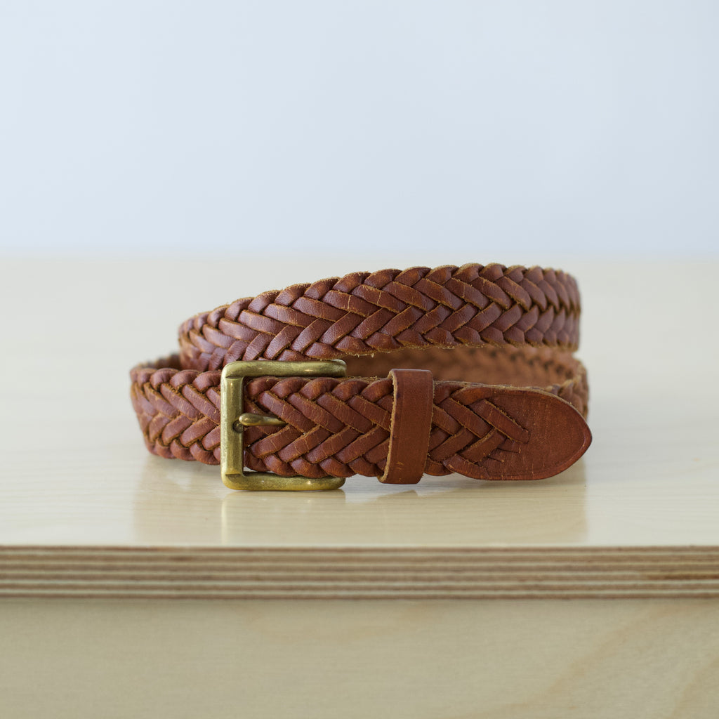 M-XL Vintage hand braided genuine leather belt with solid brass buckle