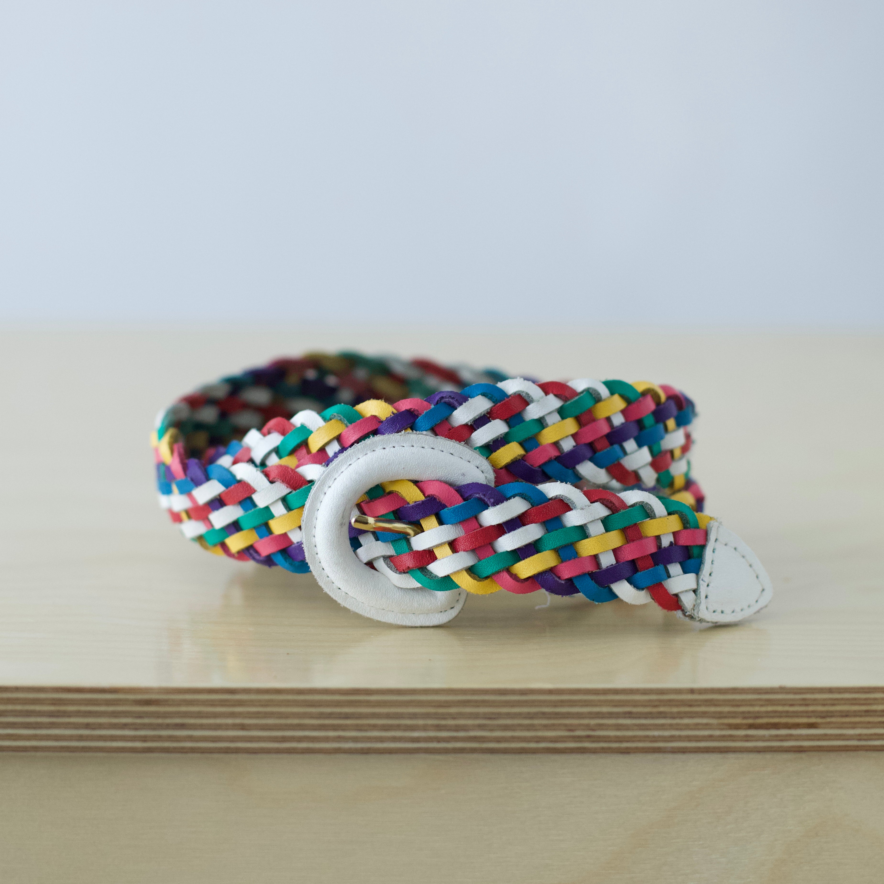 S-L Vintage multicolor rainbow braided leather belt with white buckle