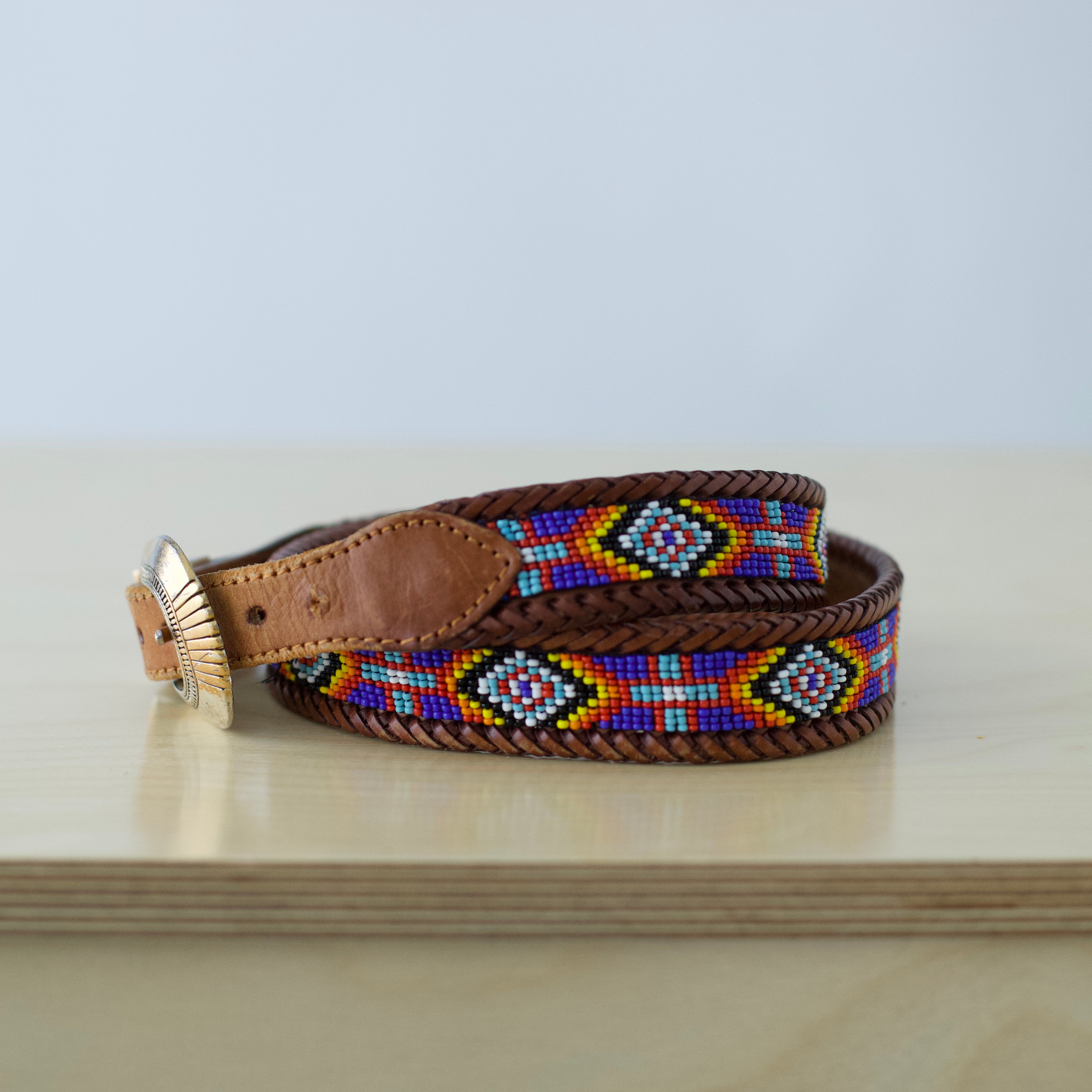 L/XL Vintage LL Bean Beaded Leather Belt Silver-tone buckle