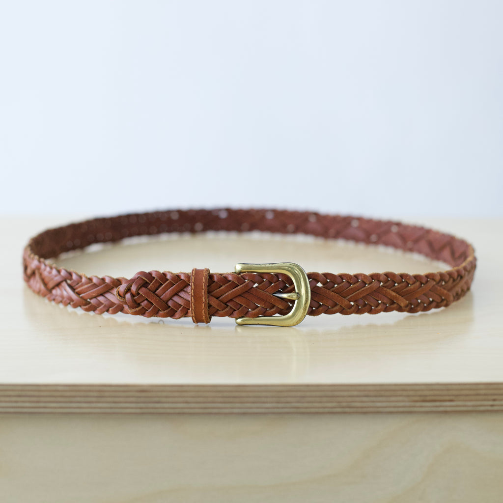 L/XL Vintage brown leather braided belt with brass hardware