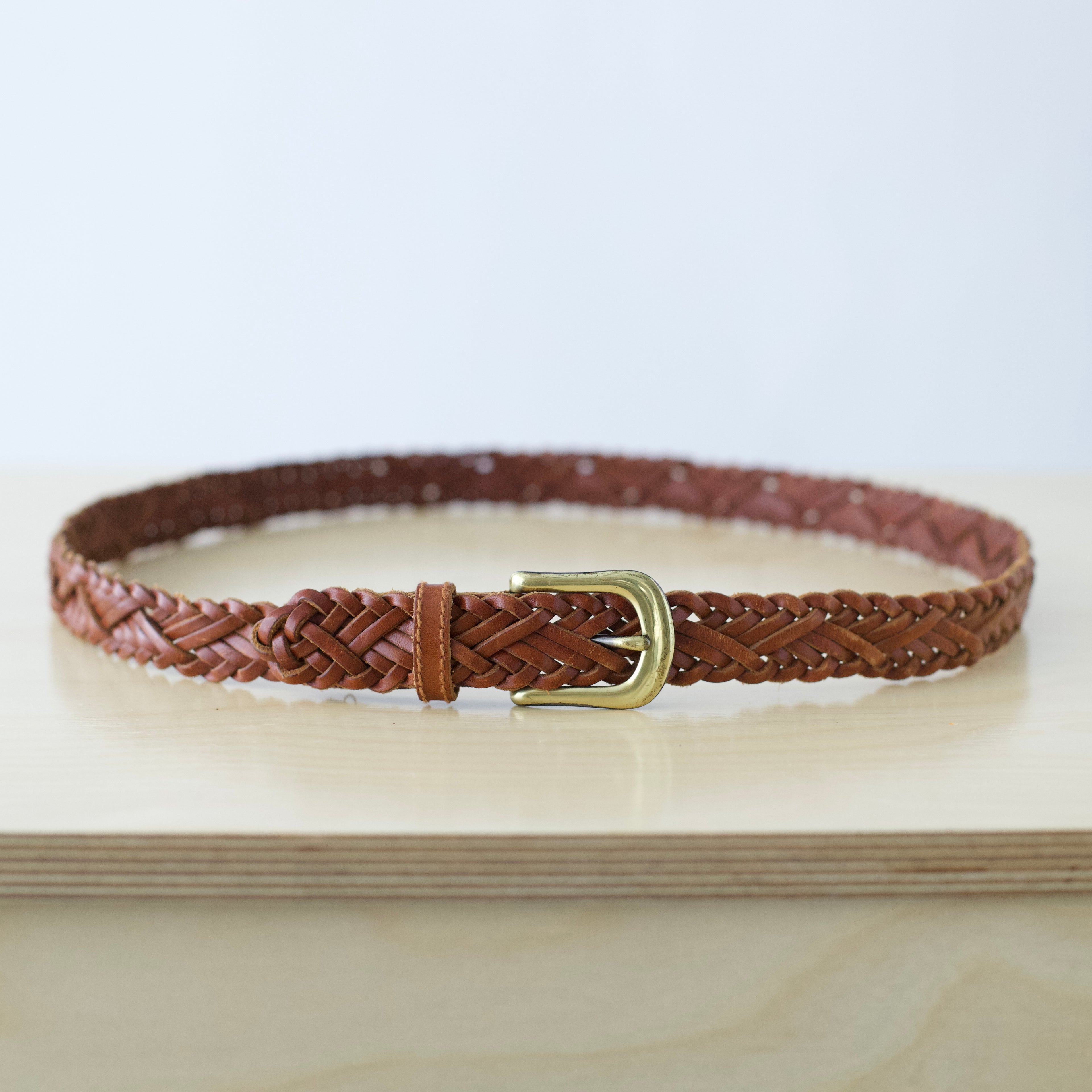 L/XL Vintage brown leather braided belt with brass hardware