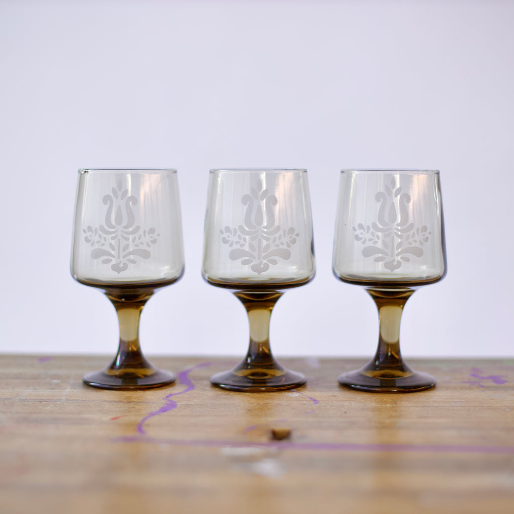 Three Vintage Smoky Brown Tinted Goblets