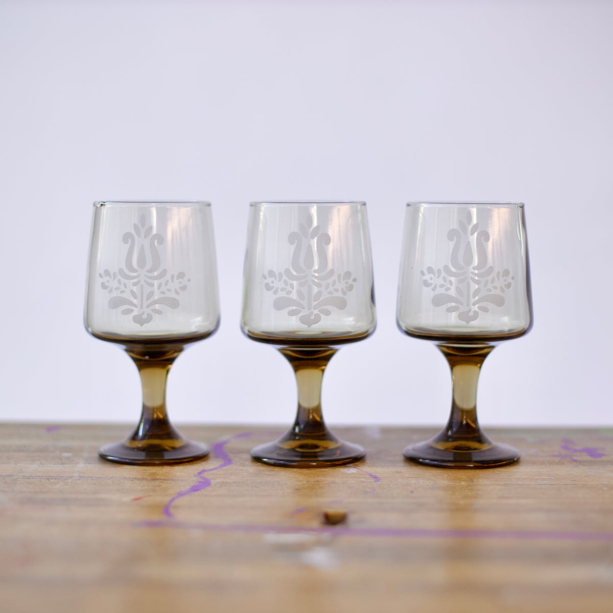 Three Vintage Smoky Brown Tinted Goblets