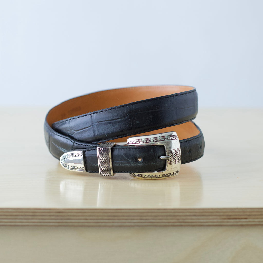 L/XL Vintage Brighton black crocodile-embossed leather belt with silver-tone buckle