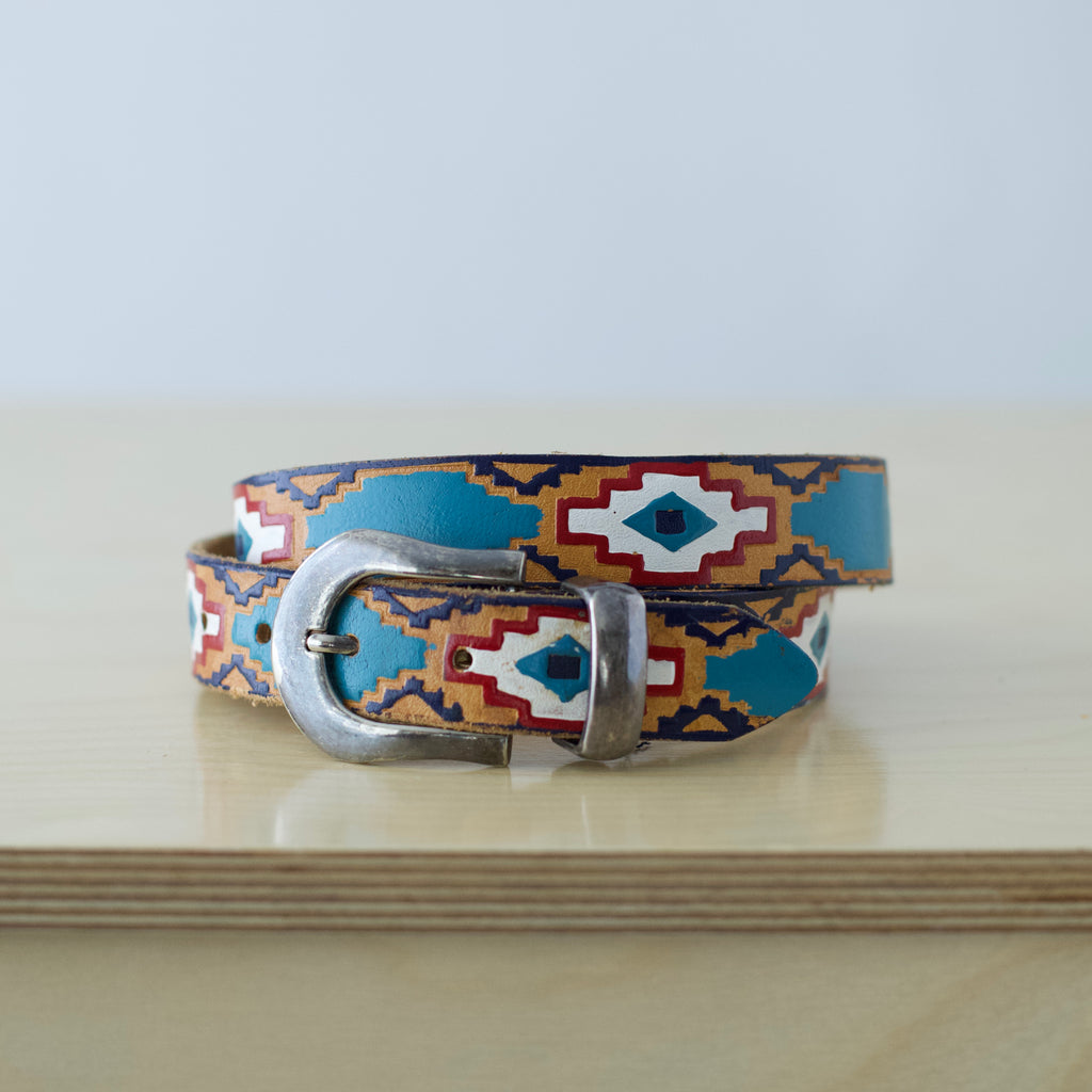 M/L Vintage Hand Painted Southwestern belt with silver buckle