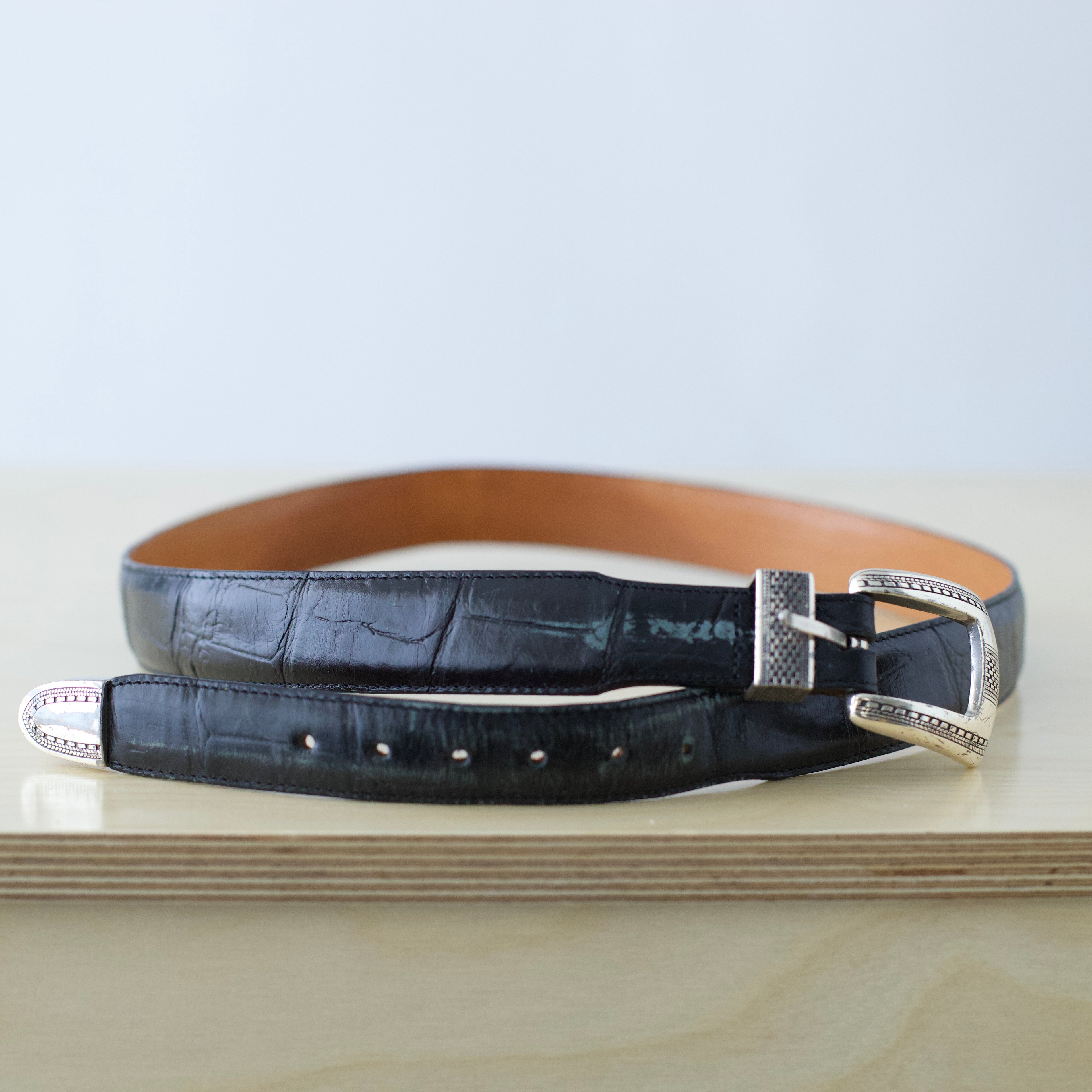 L/XL Vintage Brighton black crocodile-embossed leather belt with silver-tone buckle