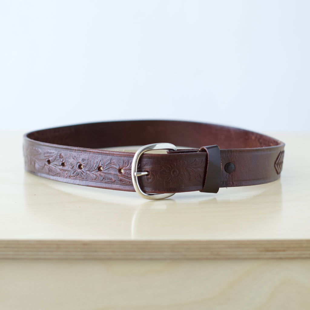 M/L Vintage handmade brown leather belt with tooled eagle design and silver buckle