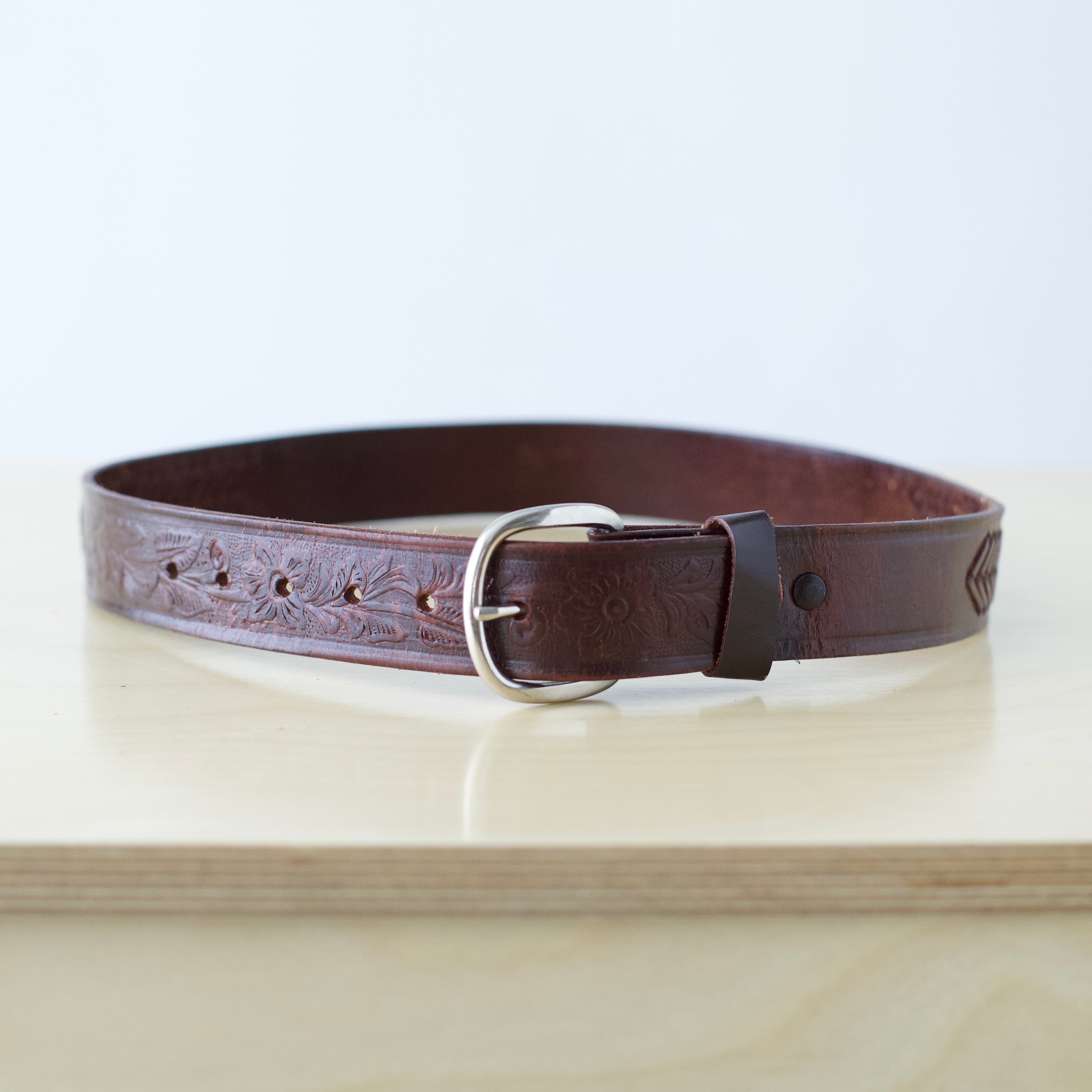 M/L Vintage handmade brown leather belt with tooled eagle design and silver buckle