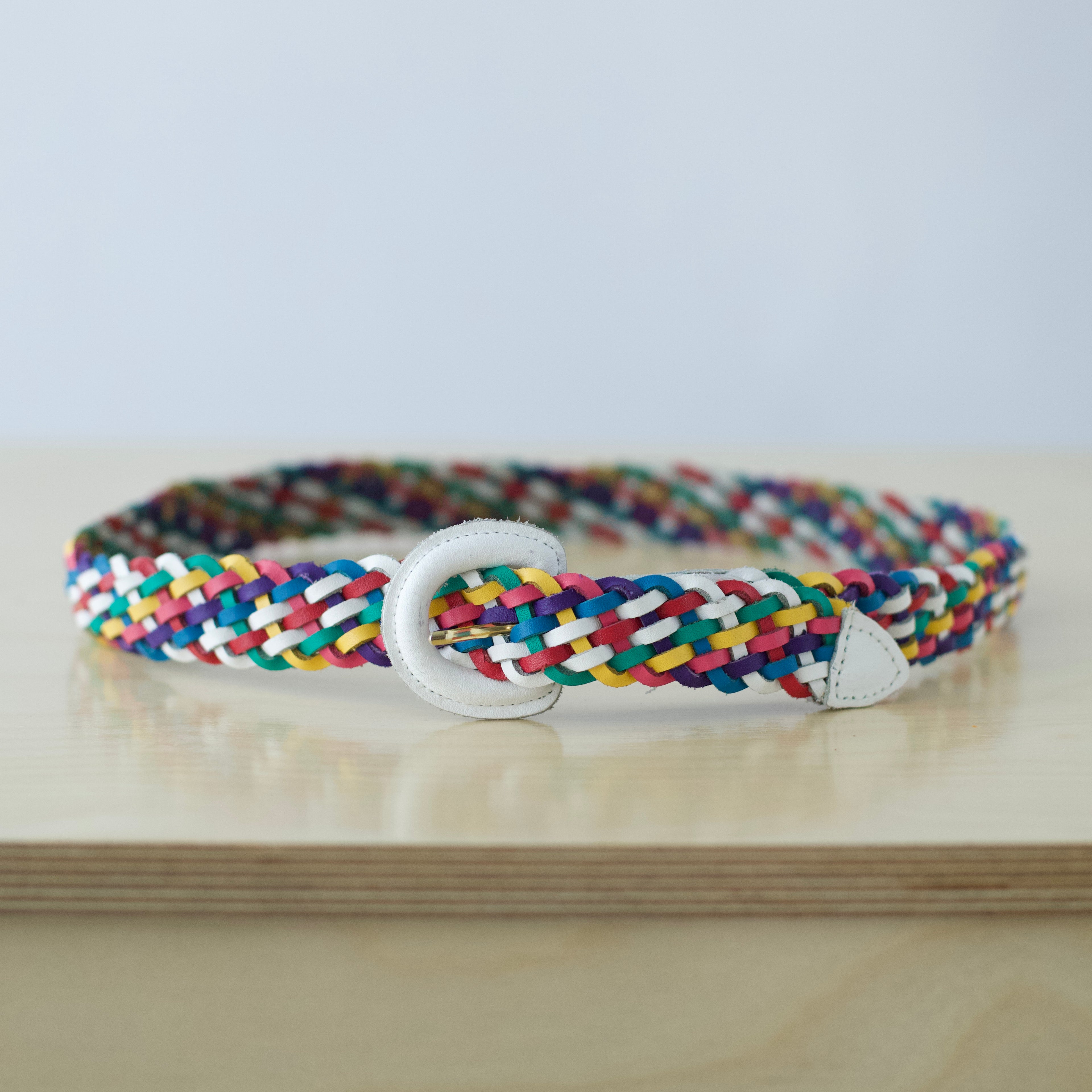 S-L Vintage multicolor rainbow braided leather belt with white buckle