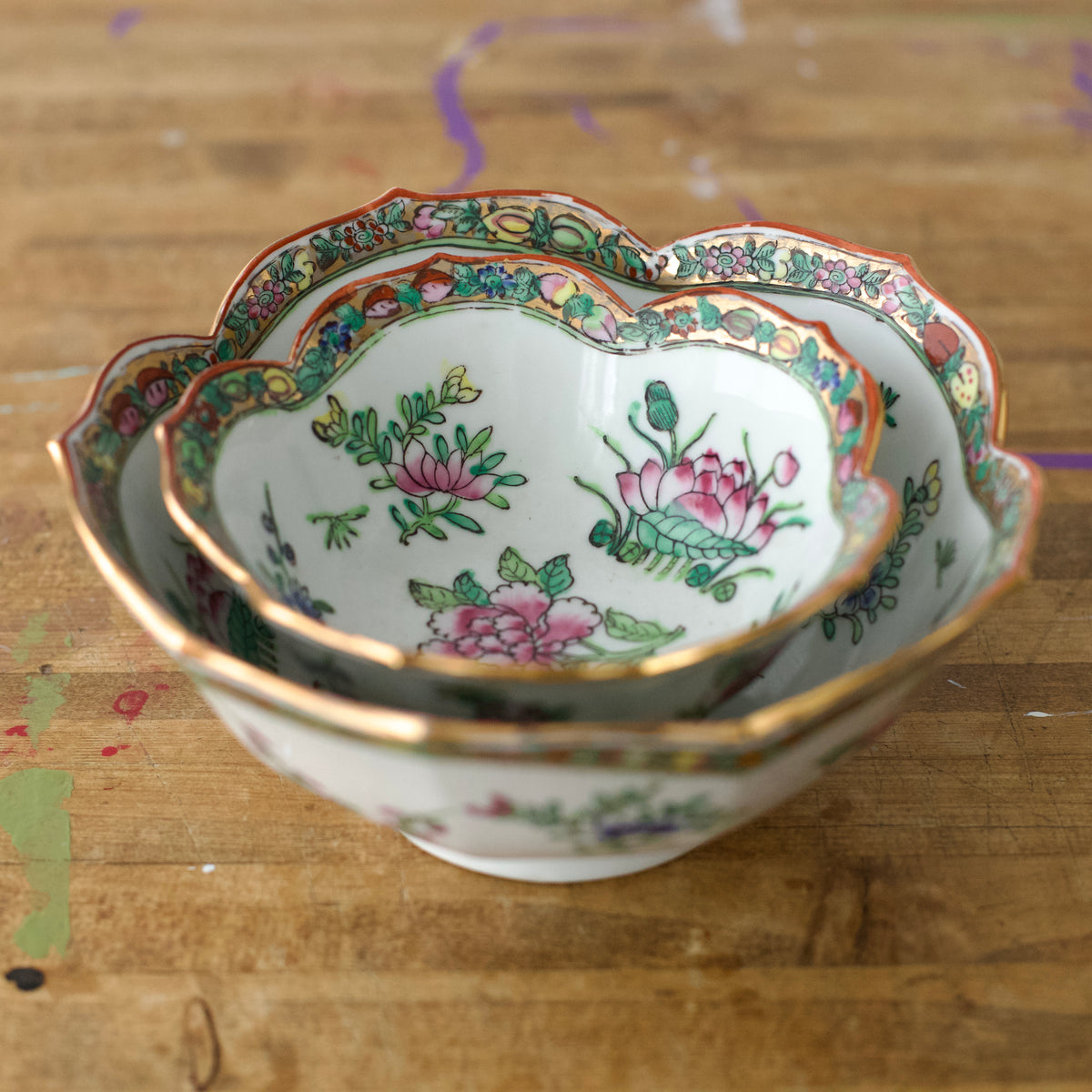 Vintage Nesting Asian Famille Rose Painted Porcelain Bowl