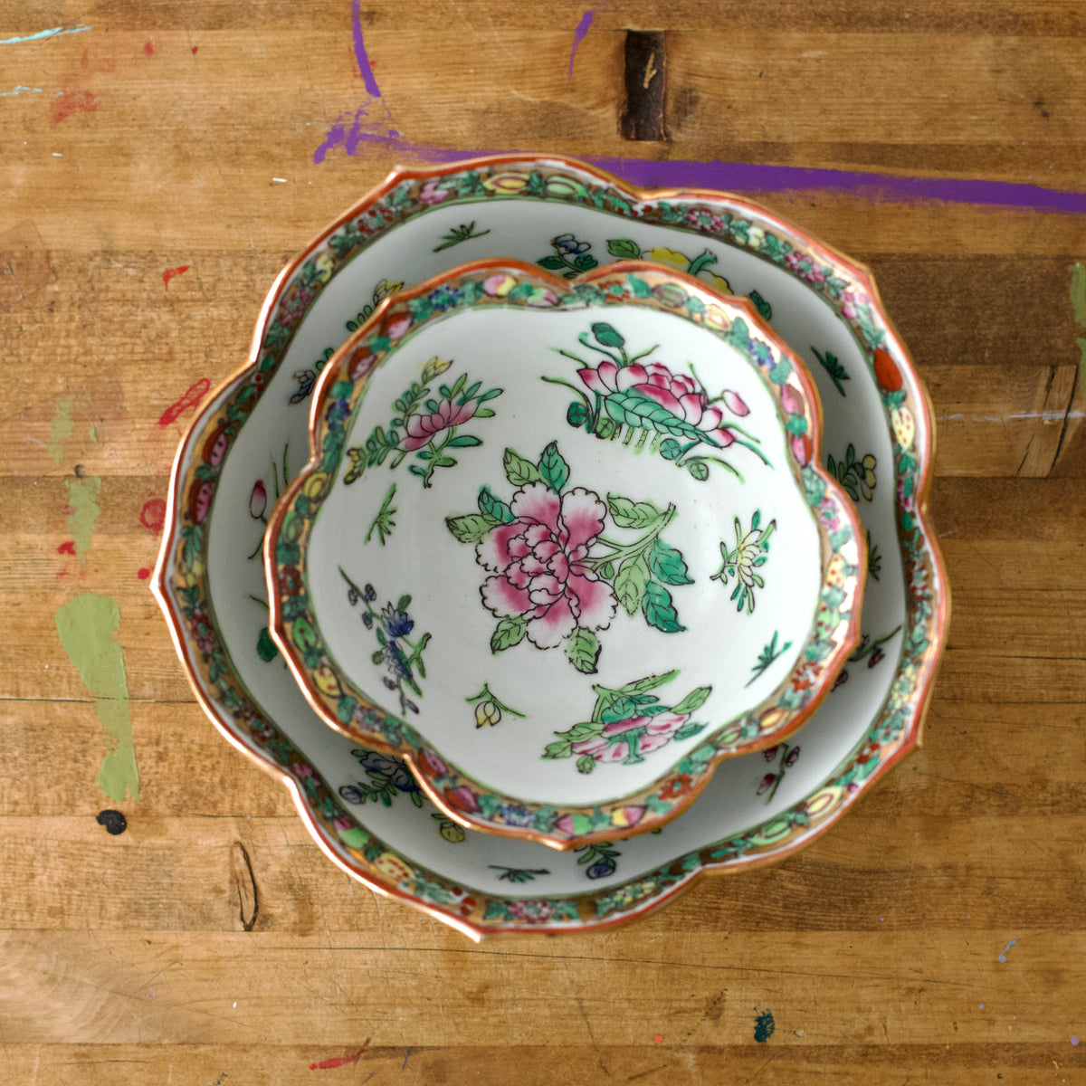 Vintage Nesting Asian Famille Rose Painted Porcelain Bowl