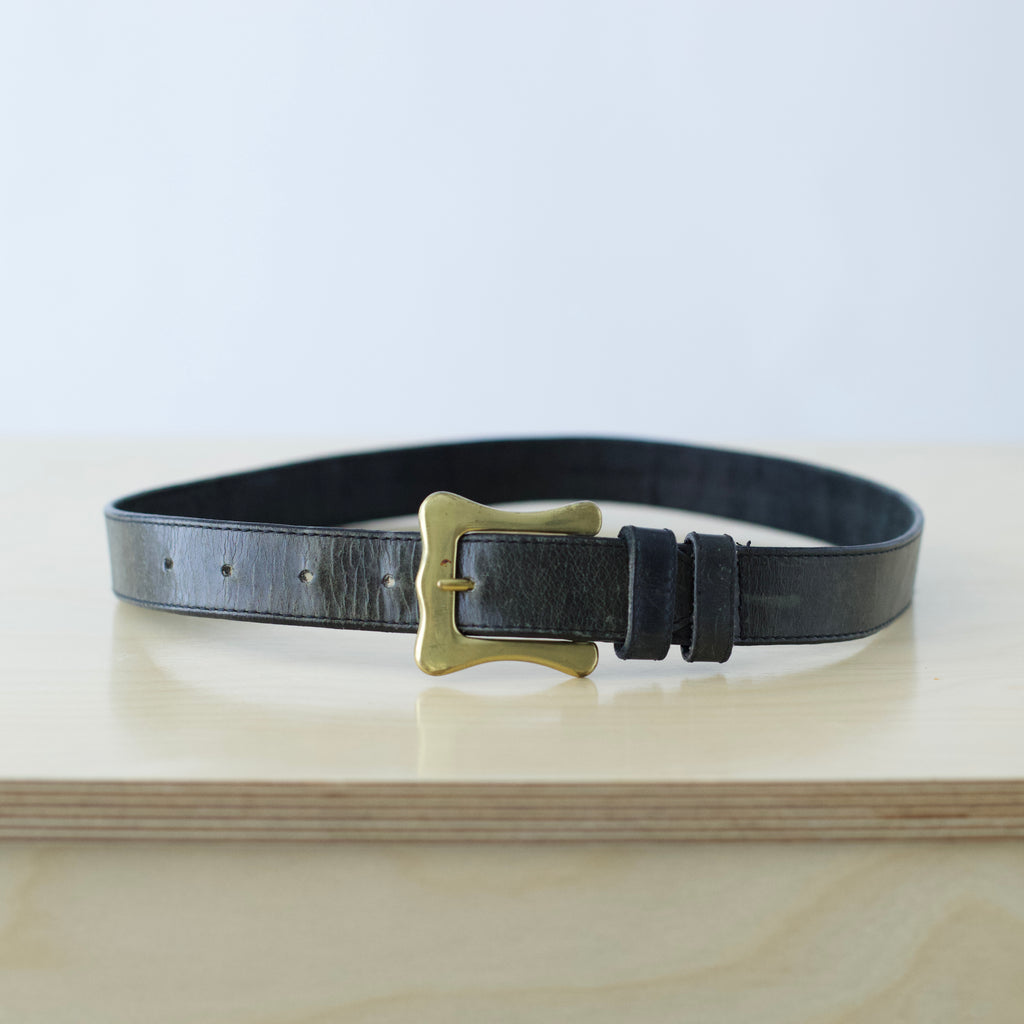 S/M Vintage black leather belt with unique brass hardware