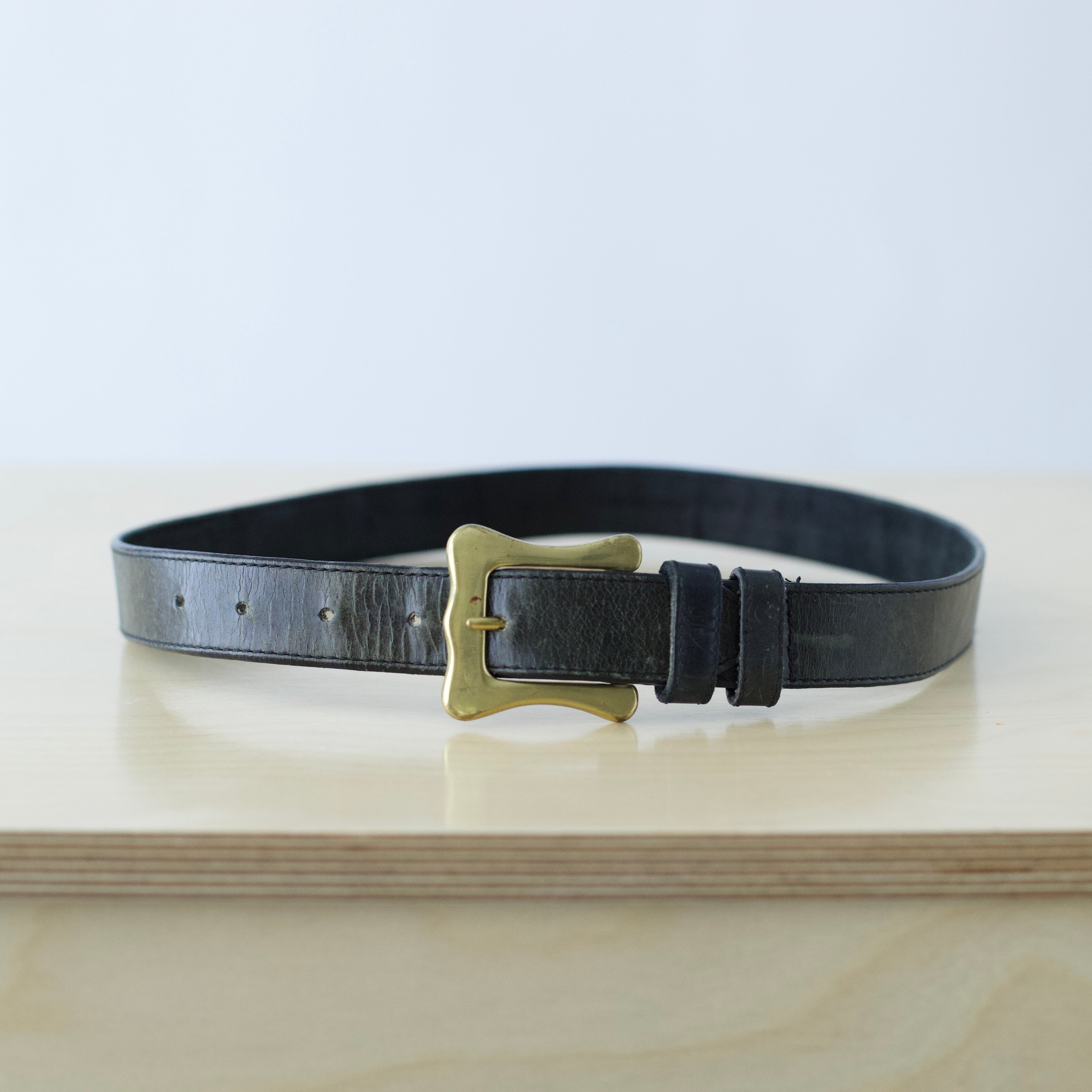 S/M Vintage black leather belt with unique brass hardware