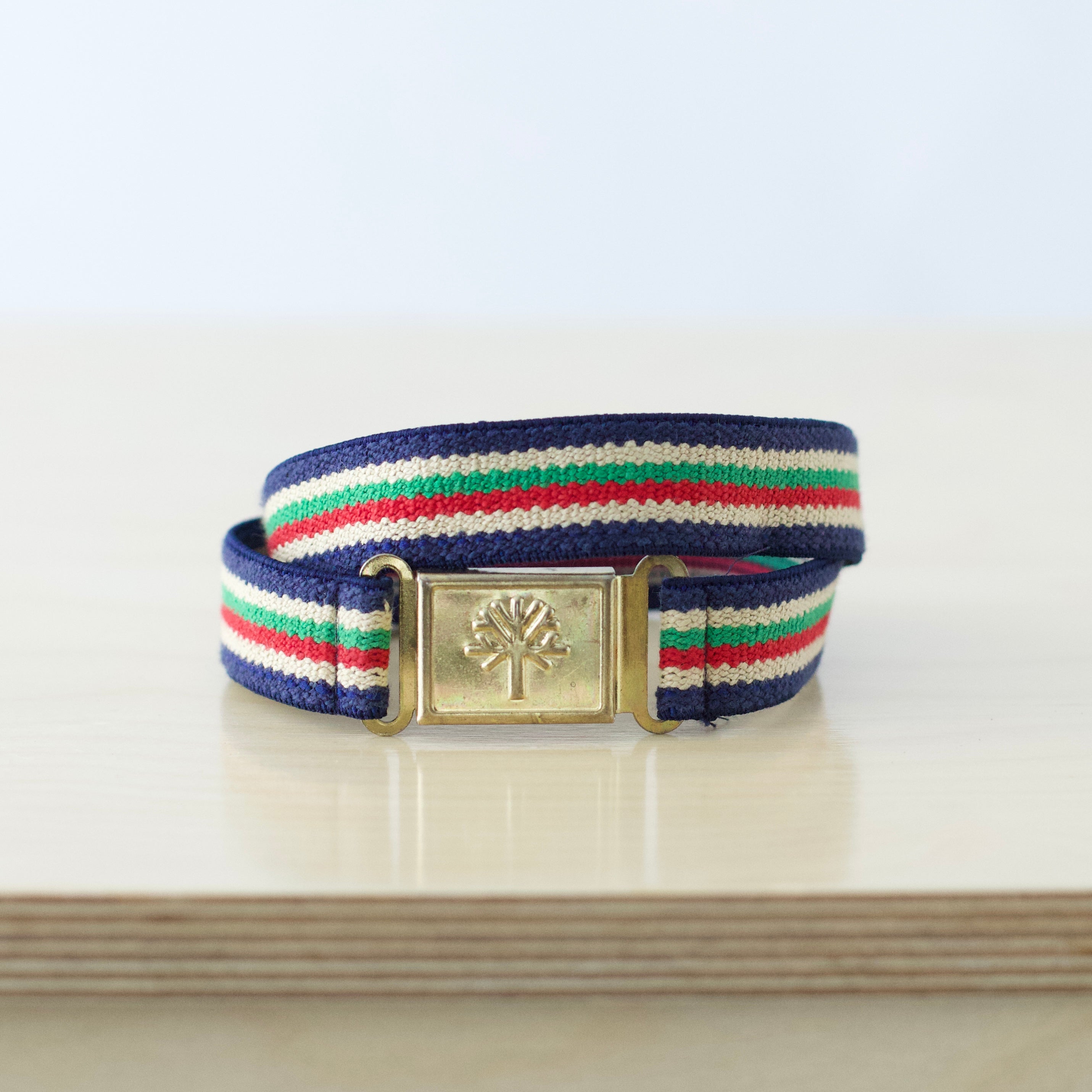 Kids S/M Vintage elastic ribbon belt with tree emblem brass buckle