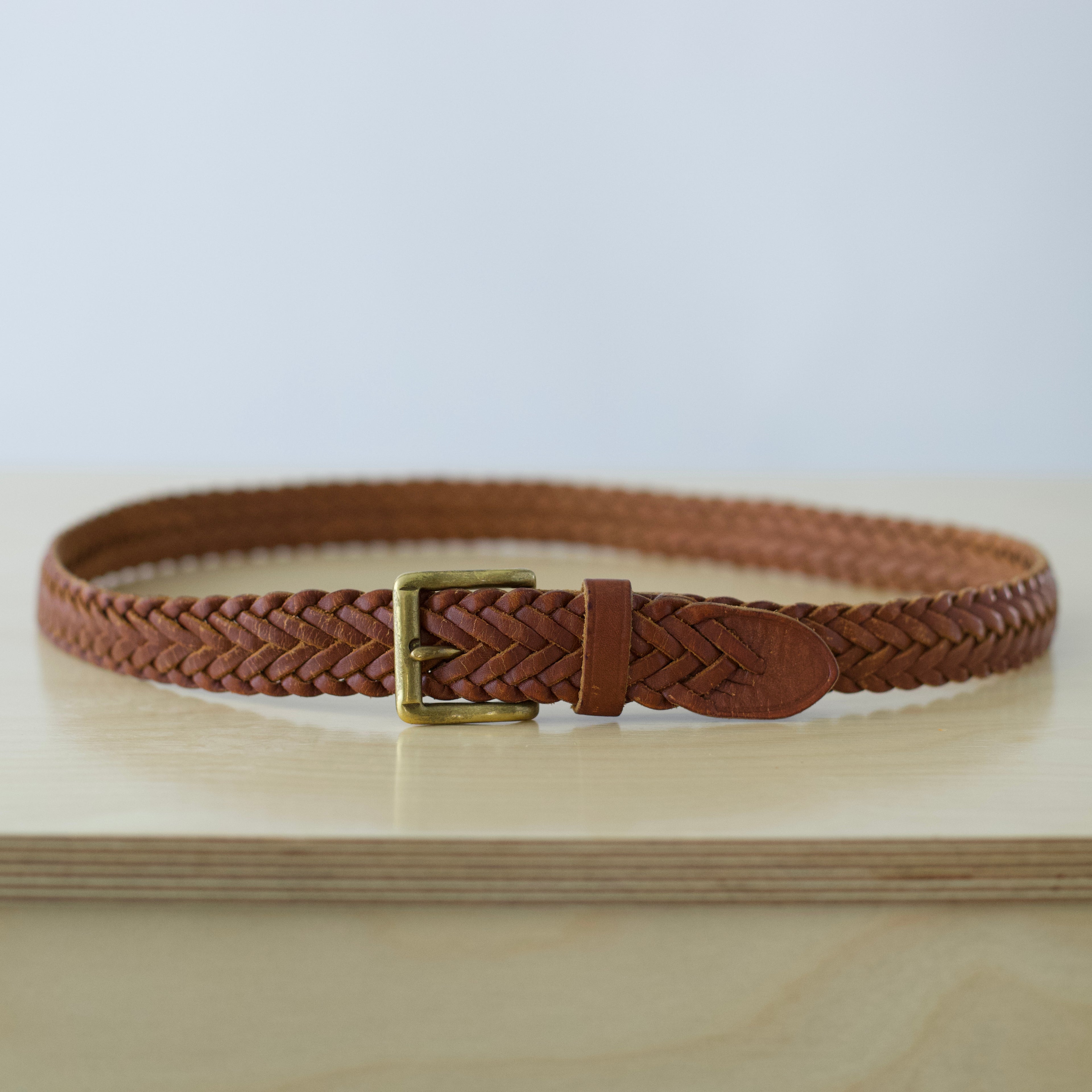 M-XL Vintage hand braided genuine leather belt with solid brass buckle