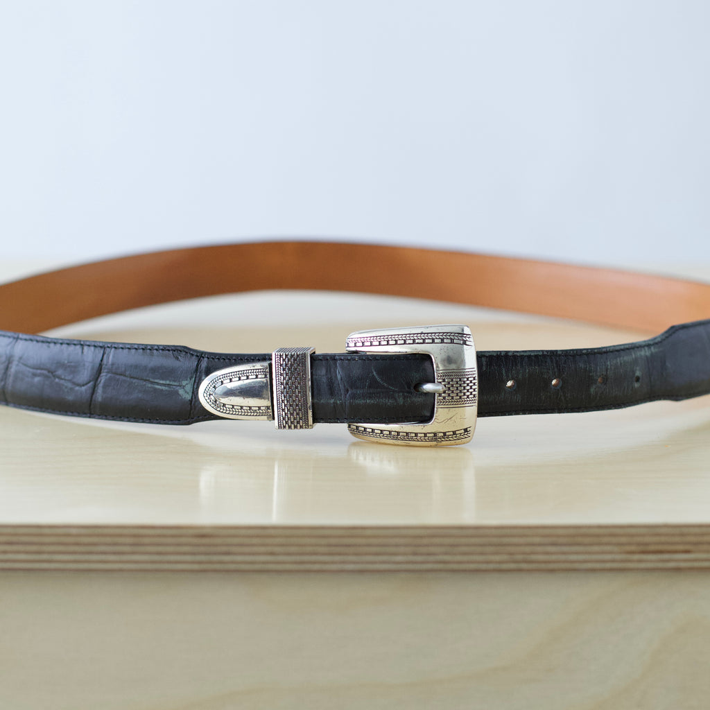 L/XL Vintage Brighton black crocodile-embossed leather belt with silver-tone buckle