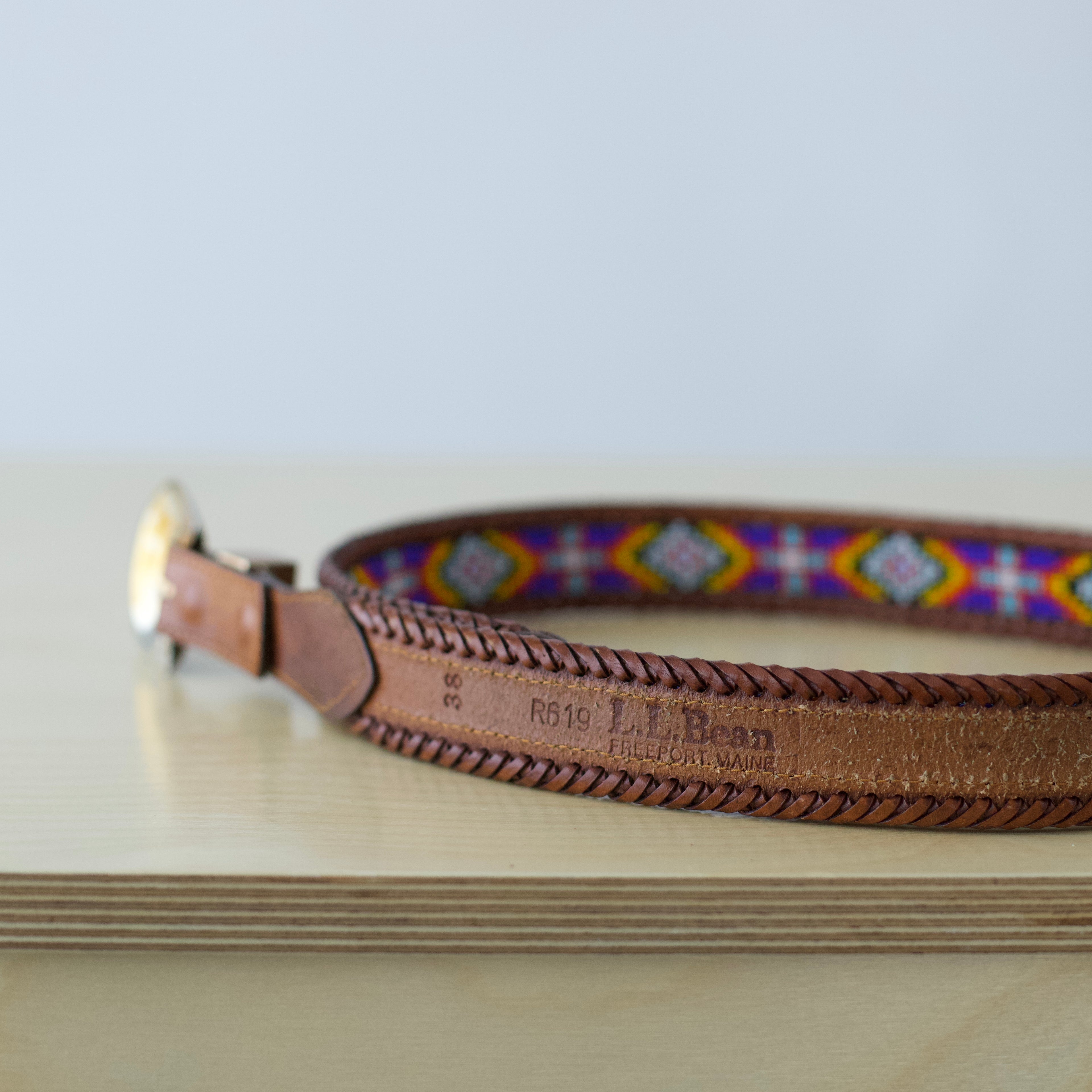 L/XL Vintage LL Bean Beaded Leather Belt Silver-tone buckle