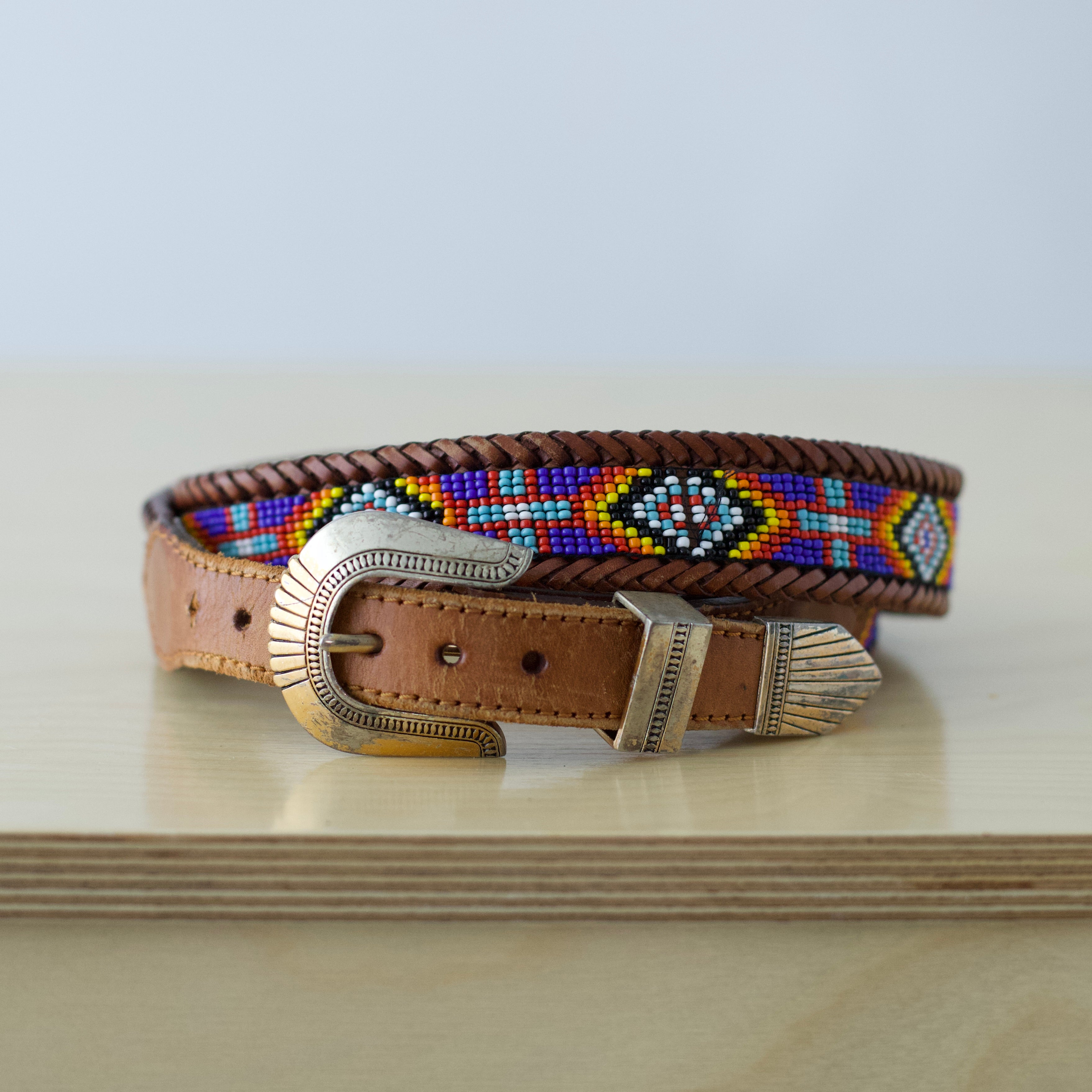 L/XL Vintage LL Bean Beaded Leather Belt Silver-tone buckle