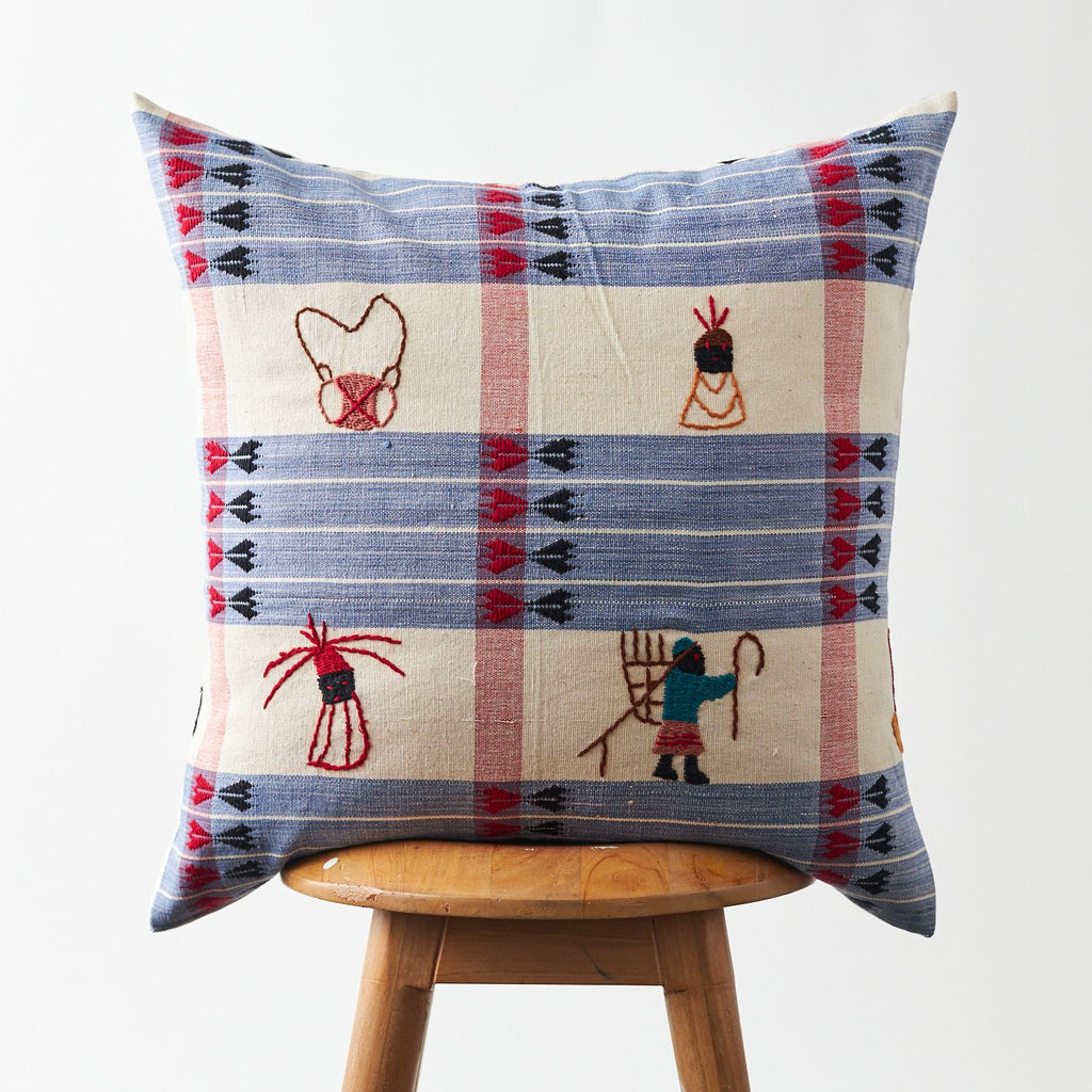 Handwoven Naga Hmong Blue, Cream, & Red Pillow Cover 20"x20"
