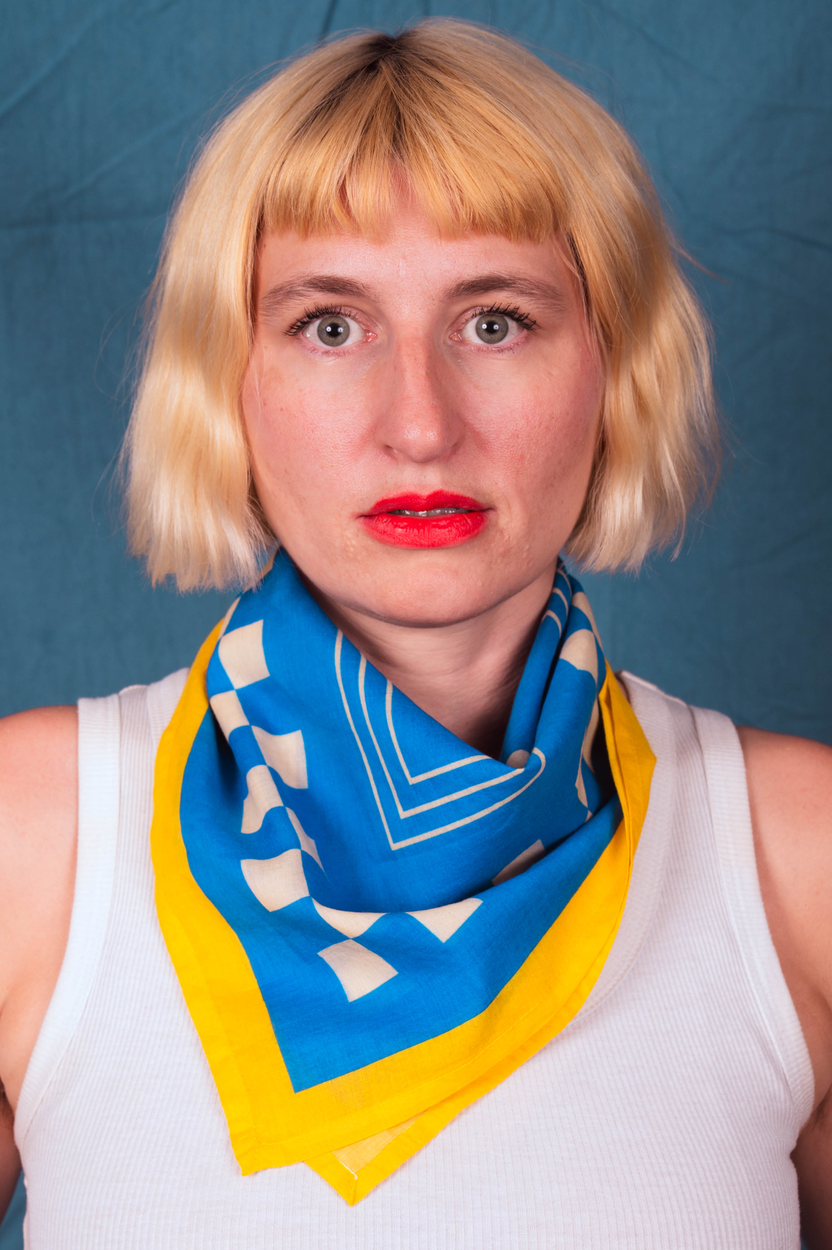 DUSHYANT. Archie Bandana No. 20 - Dots and Squares on Blue and Yellow