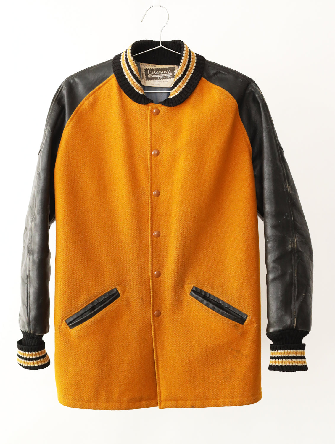 Men's Coleman Three Quarter Black Leather & Marigold Wool Letterman Coat