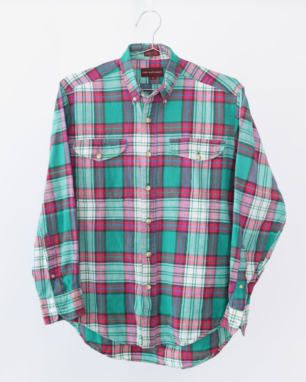 Men's Ralph Lauren Chaps Teal Pink Plaid Long Sleeve Button Shirt Size M