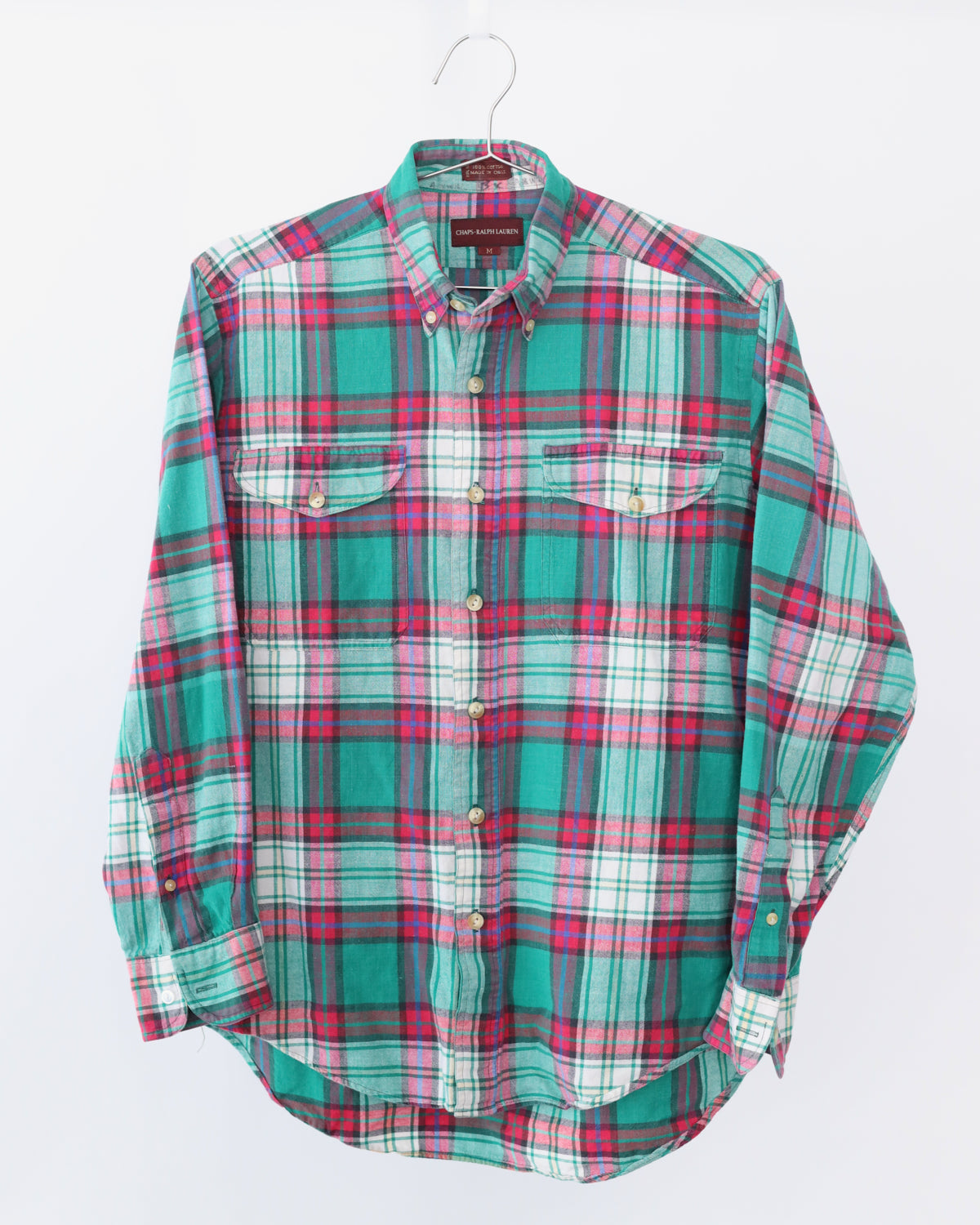 Men's Ralph Lauren Chaps Teal Pink Plaid Long Sleeve Button Shirt Size M