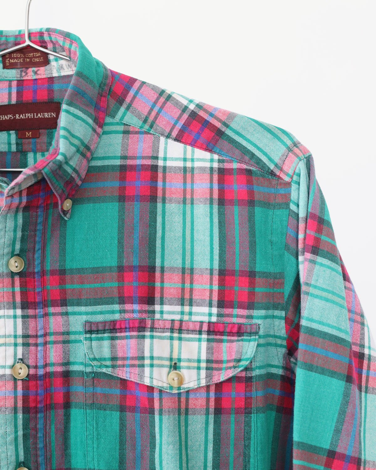 Men's Ralph Lauren Chaps Teal Pink Plaid Long Sleeve Button Shirt Size M