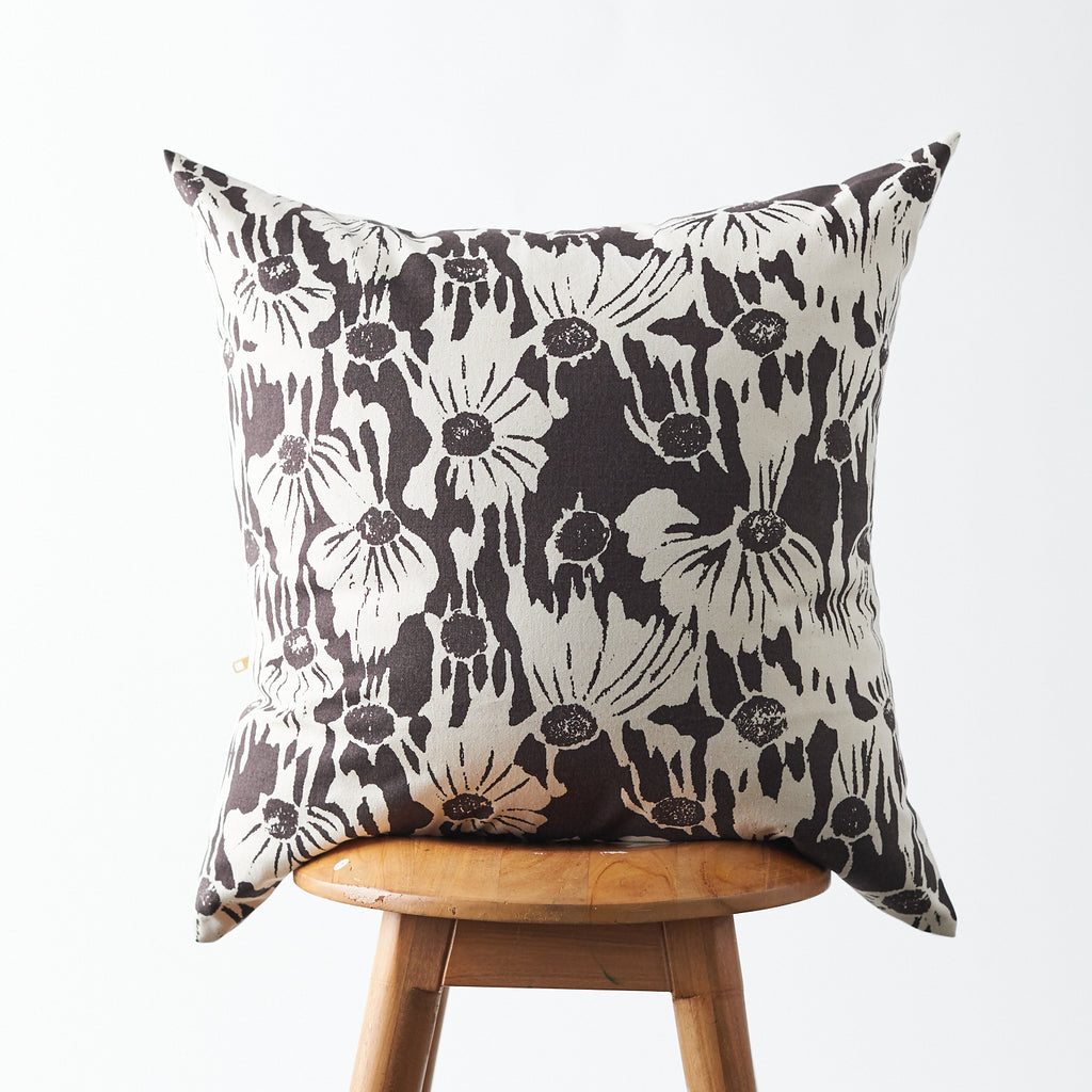 Handmade Floral Printed Pillow Faded Black and Natural 20"x20"