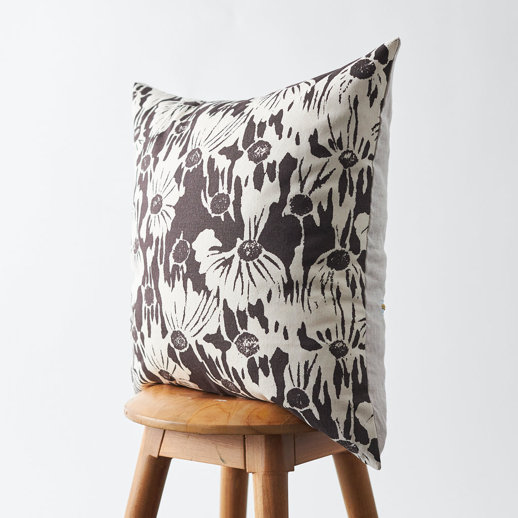 Handmade Floral Printed Pillow Faded Black and Natural 20"x20"