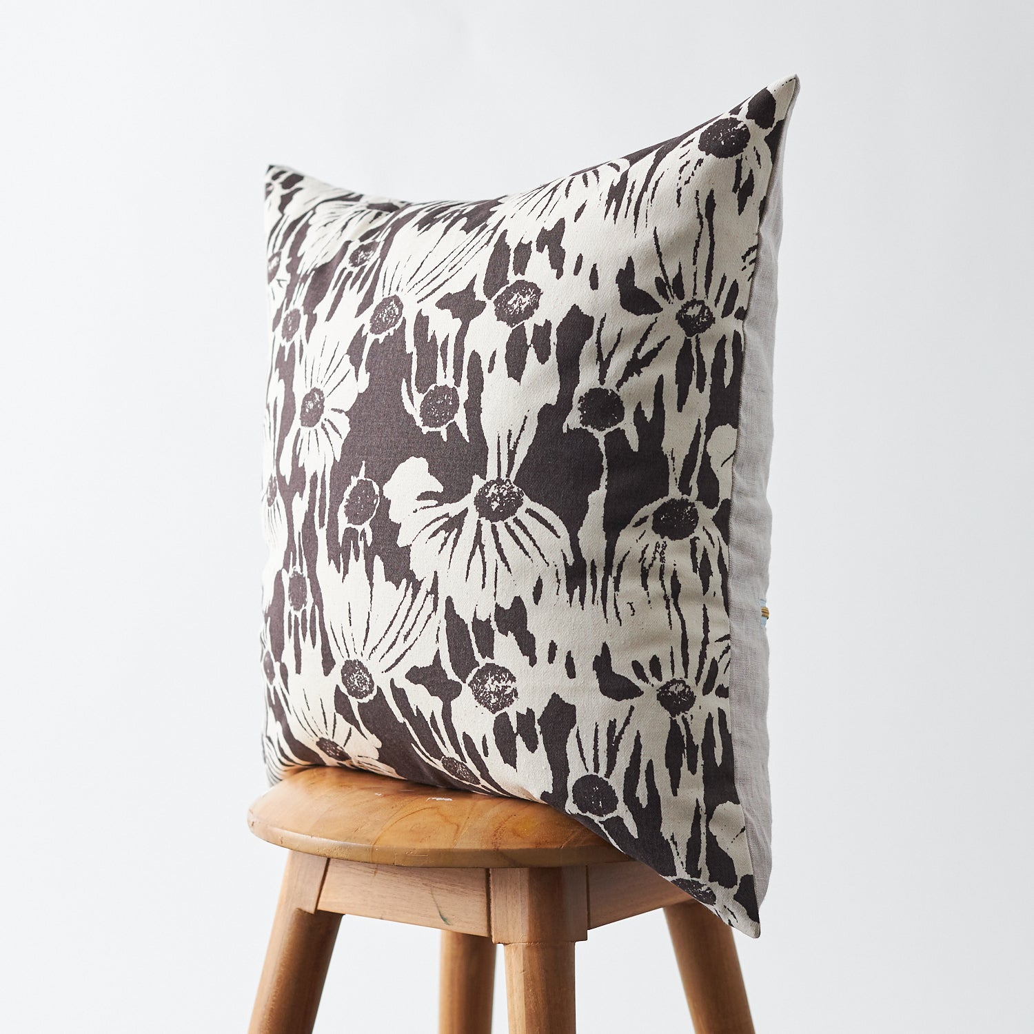 Handmade Floral Printed Pillow Faded Black and Natural 20"x20"