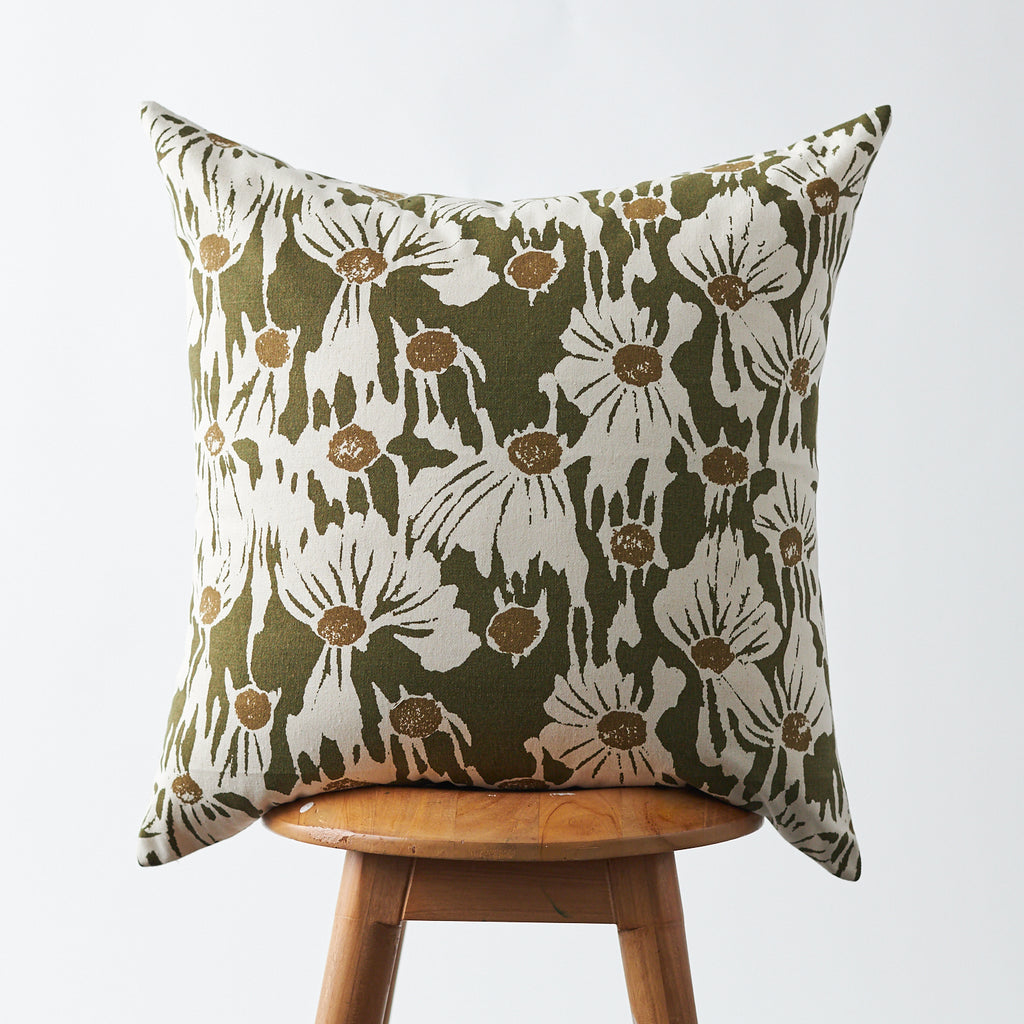 Handmade Floral Printed Pillow Green and Natural 20"x20"