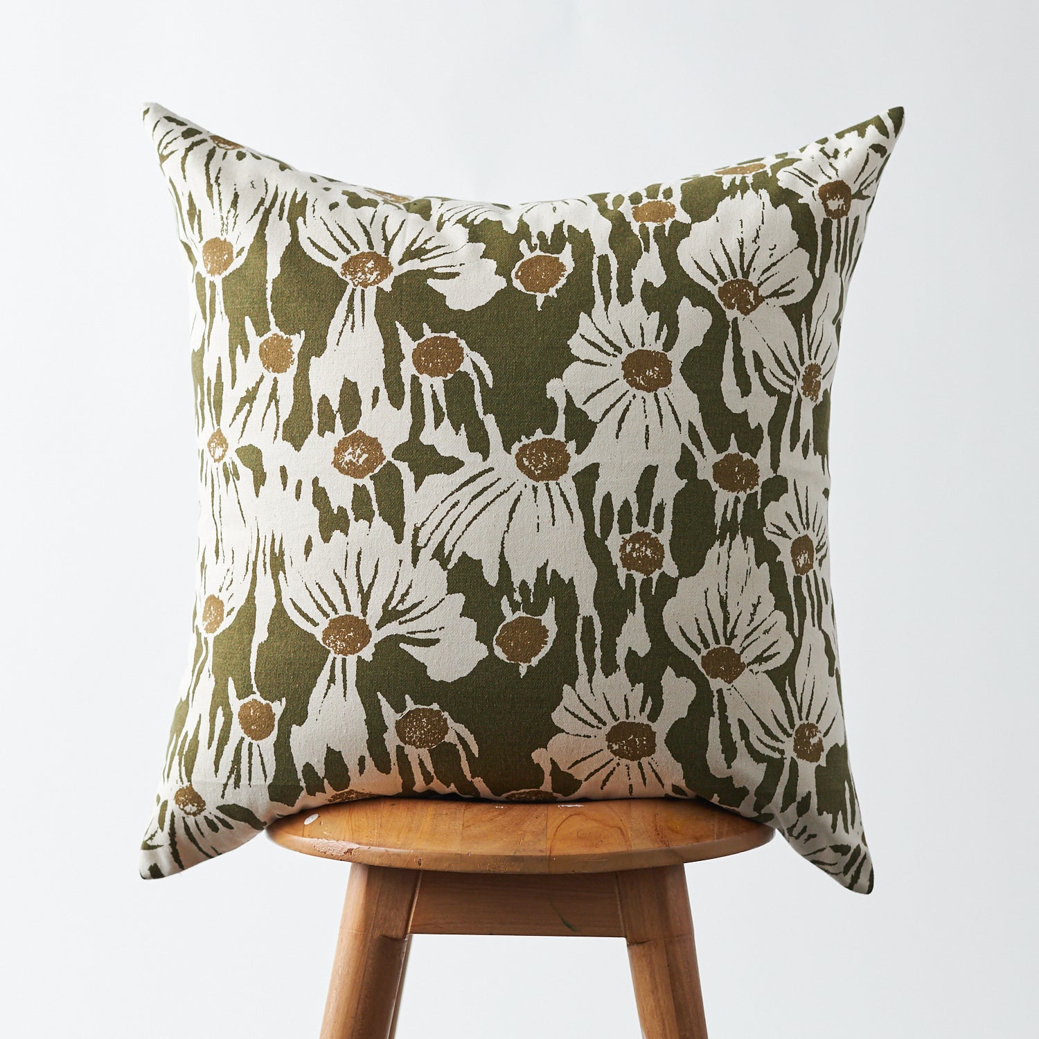 Handmade Floral Printed Pillow Green and Natural 20"x20"