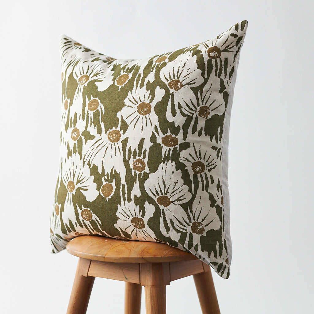 Handmade Floral Printed Pillow Green and Natural 20"x20"