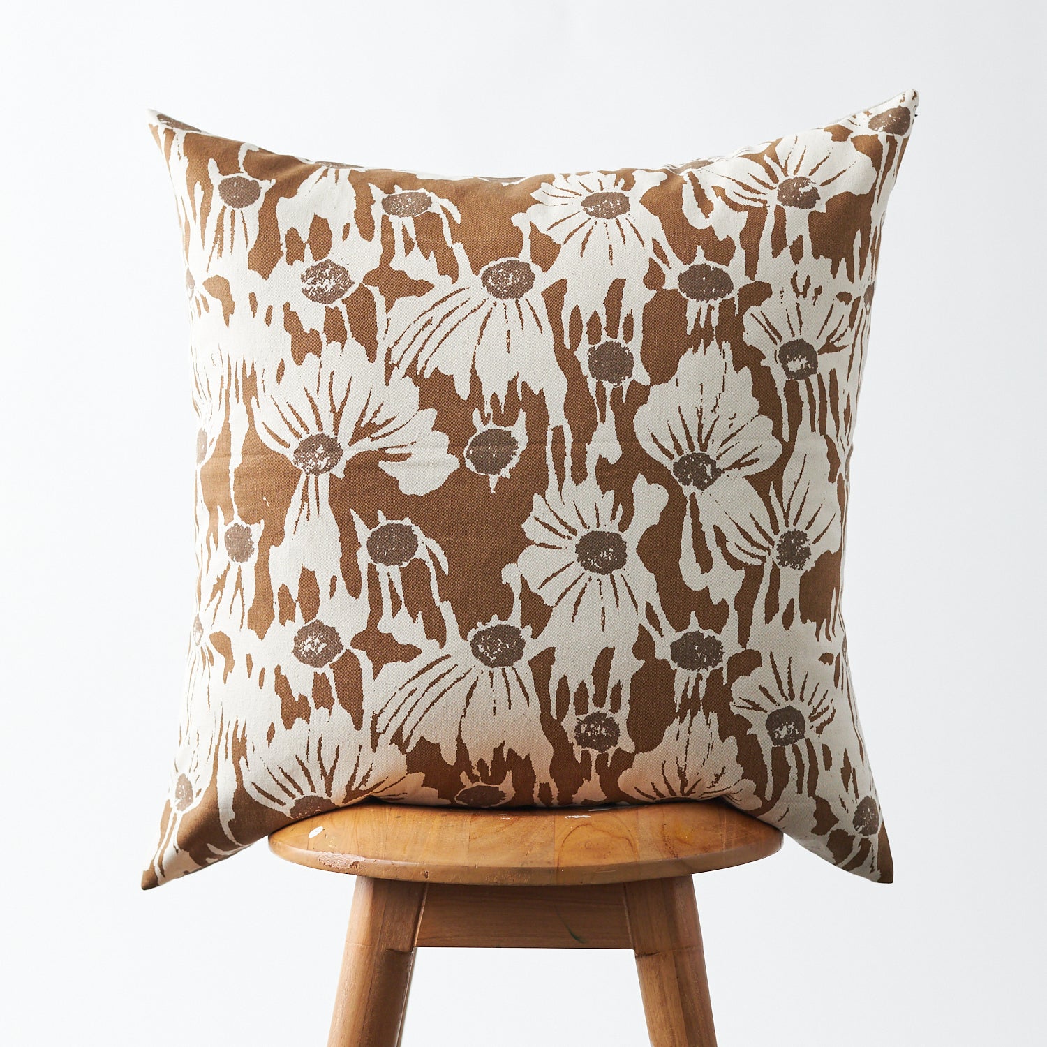 Handmade Floral Printed Pillow Faded Light Brown 20"x20"