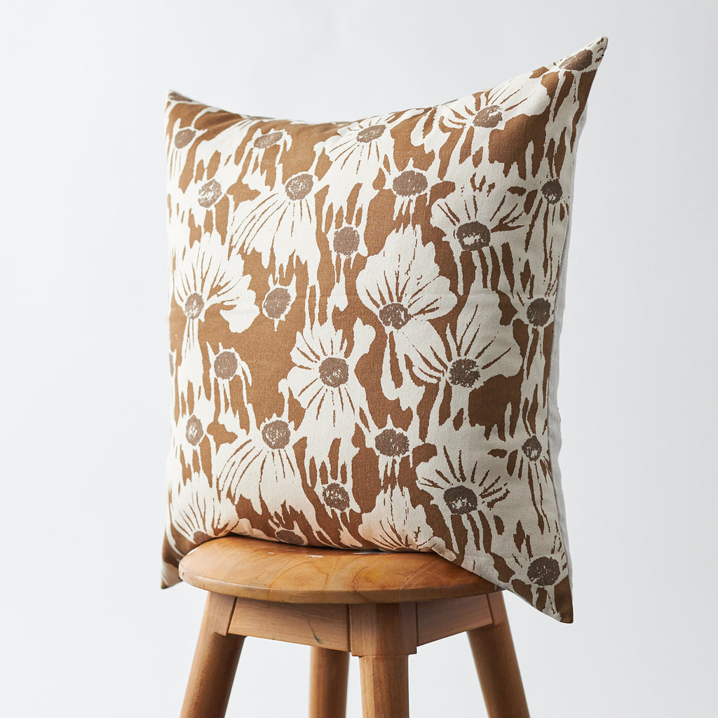 Handmade Floral Printed Pillow Faded Light Brown 20"x20"