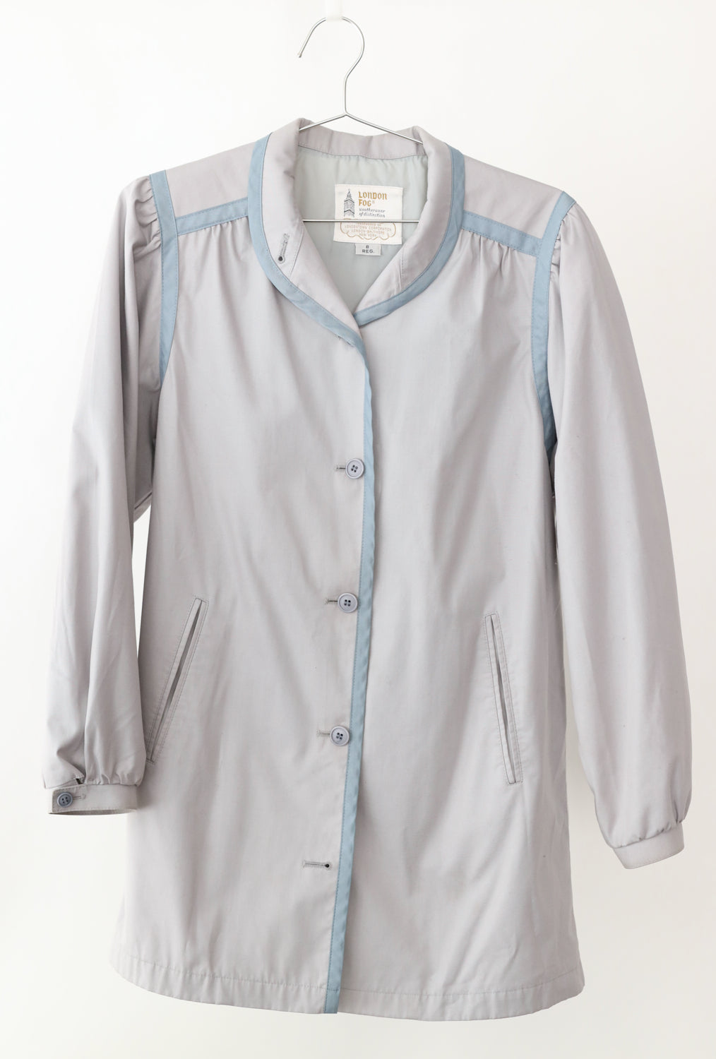 Women's London Fog Light Gray Blue Piping Top Coat Size 8