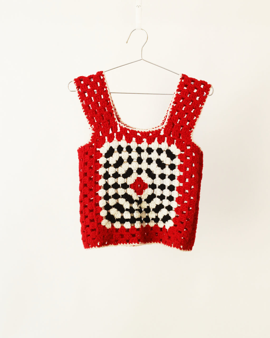 Women's Hand Knit Square Bullseye Red White Black Top Size S